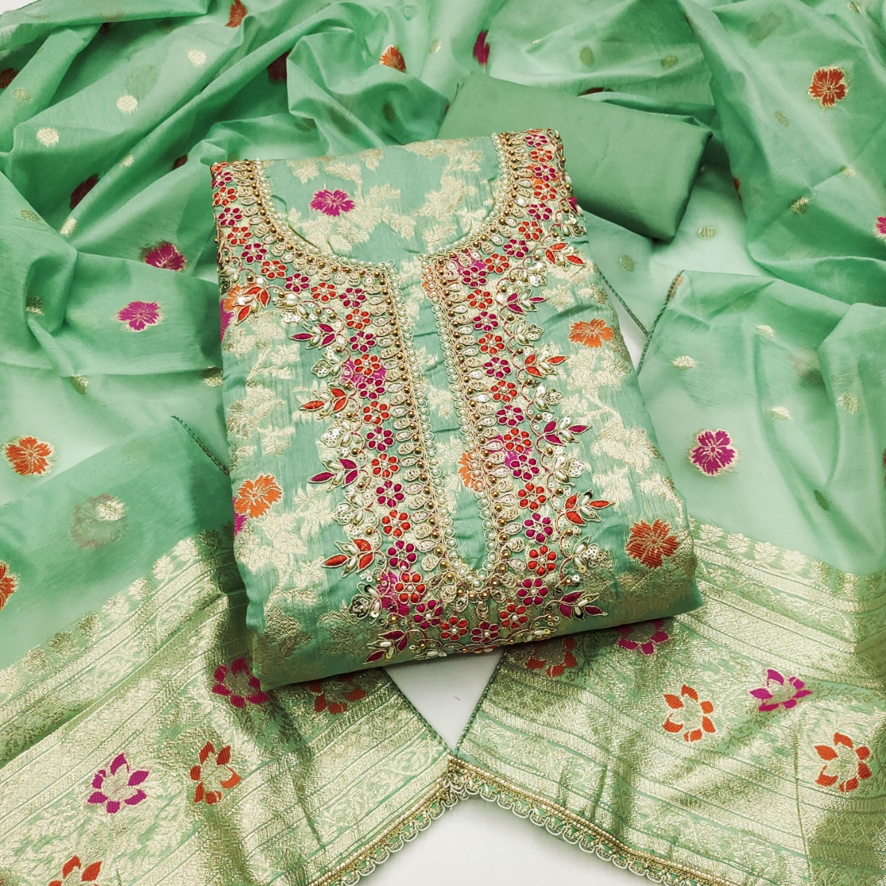 Pista Floral Handwork Banarasi Cotton Straight Suit