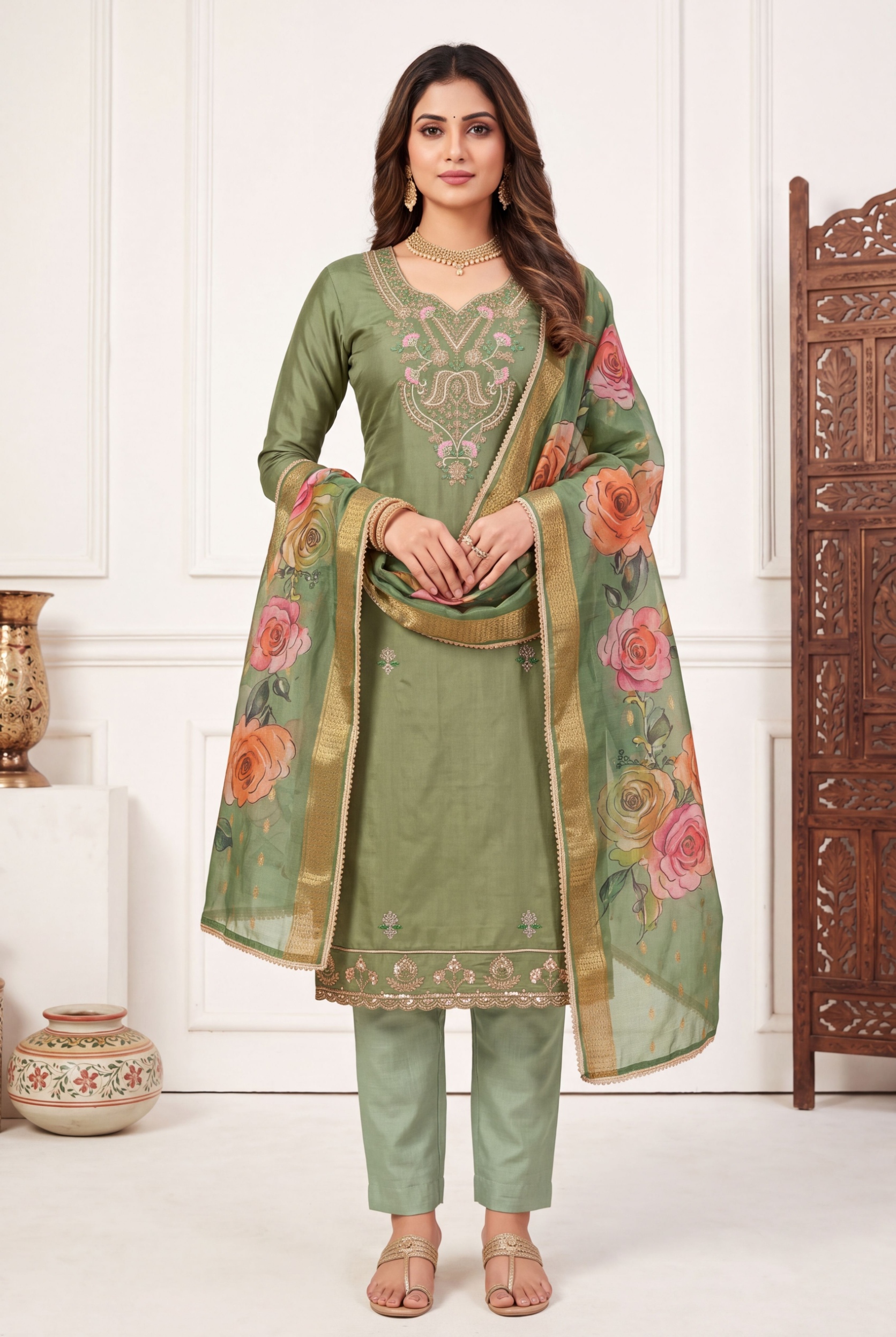 Pista Floral Handwork Cotton Silk Straight Suit