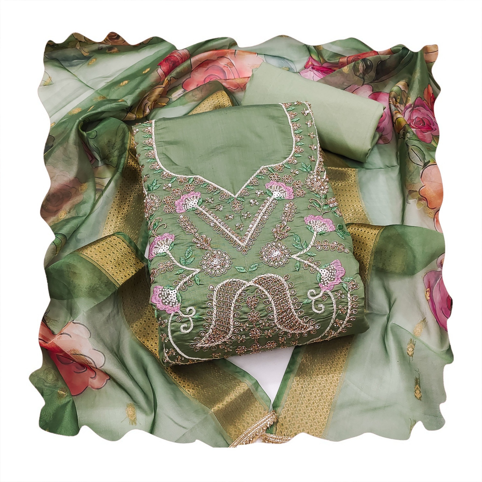 Pista Floral Handwork Cotton Silk Straight Suit — alternate view