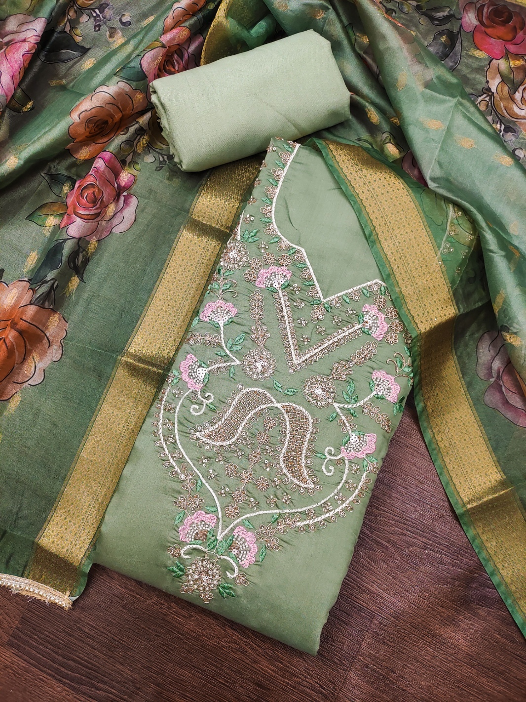 Pista Floral Handwork Cotton Silk Straight Suit
