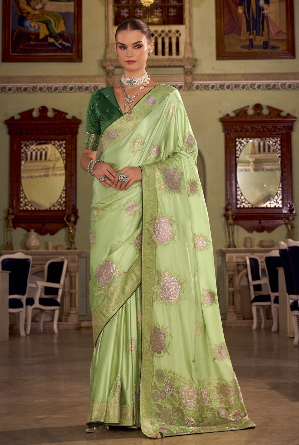 Pista Floral Jacquard Satin Silk Saree