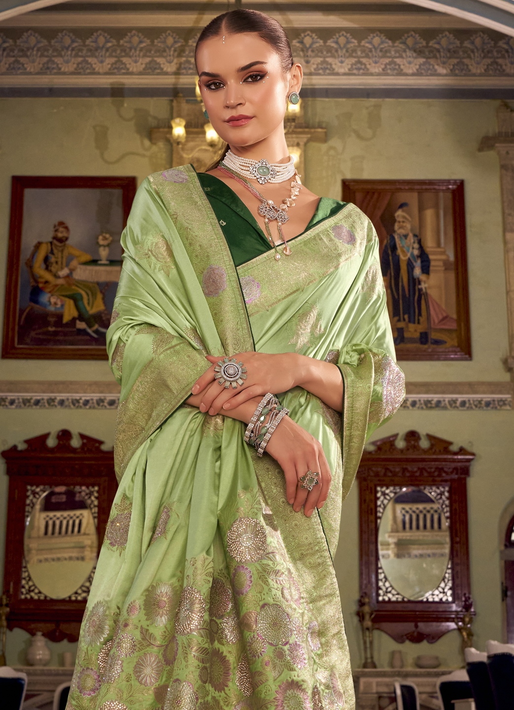 Pista Floral Jacquard Satin Silk Saree