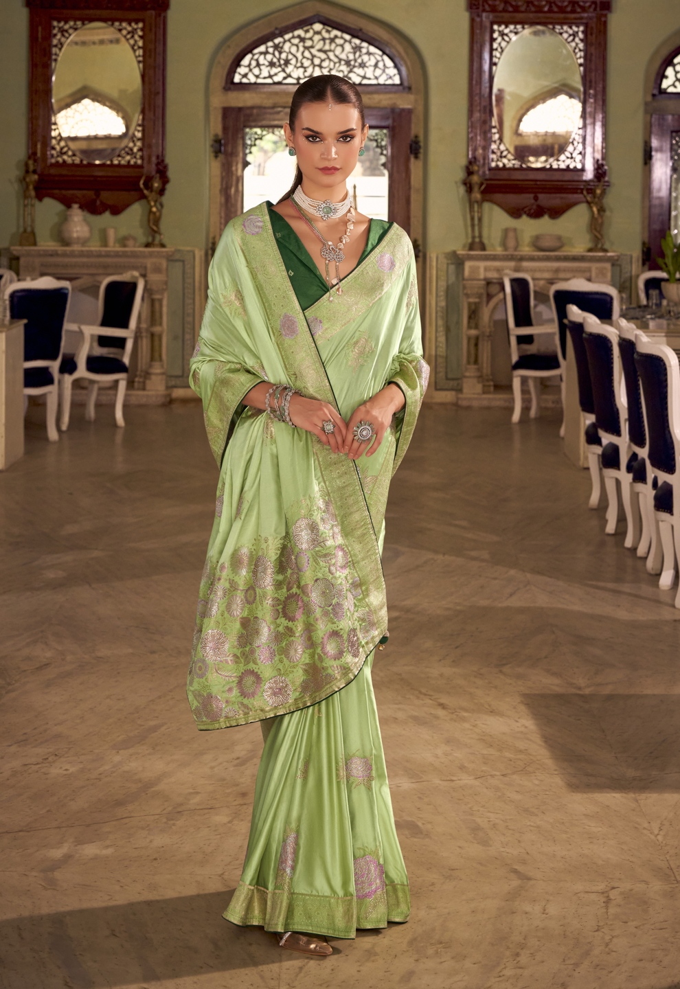 Pista Floral Jacquard Satin Silk Saree