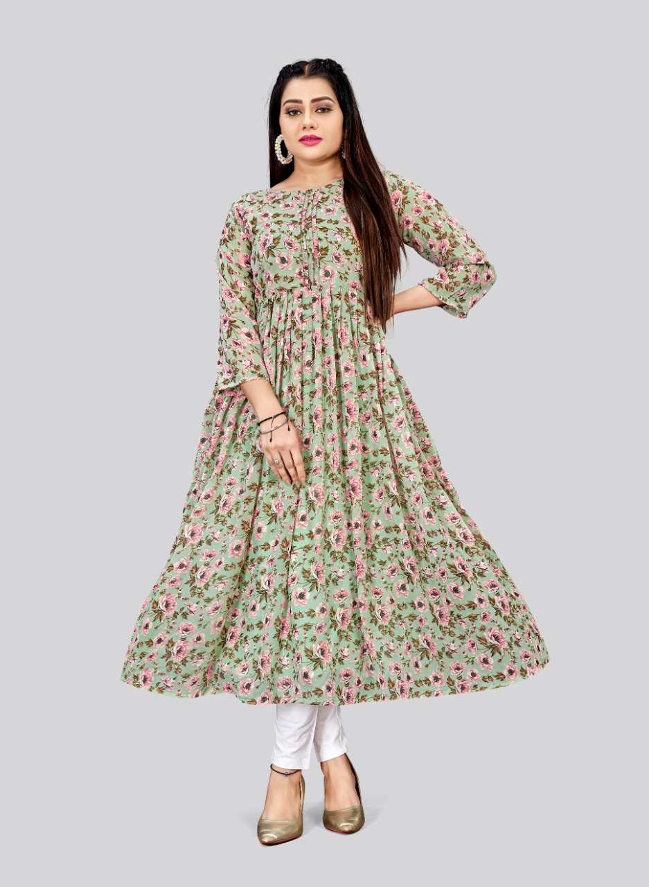 Pista Floral Printed Georgette Flared Anarkali Kurti