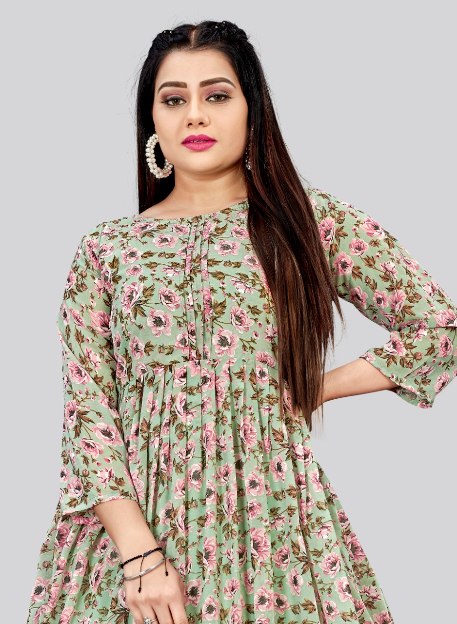 Pista Floral Printed Georgette Flared Anarkali Kurti