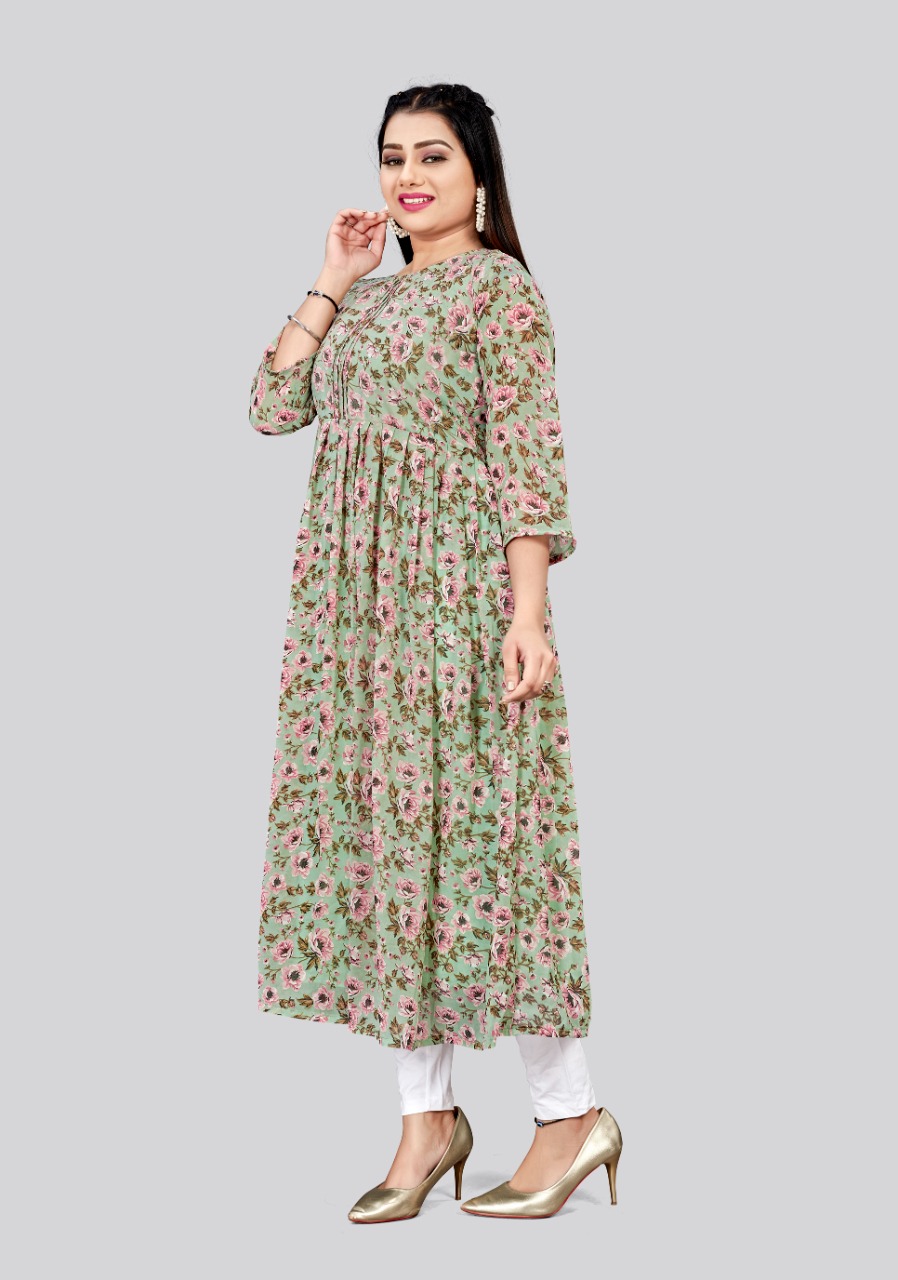 Pista Floral Printed Georgette Flared Anarkali Kurti