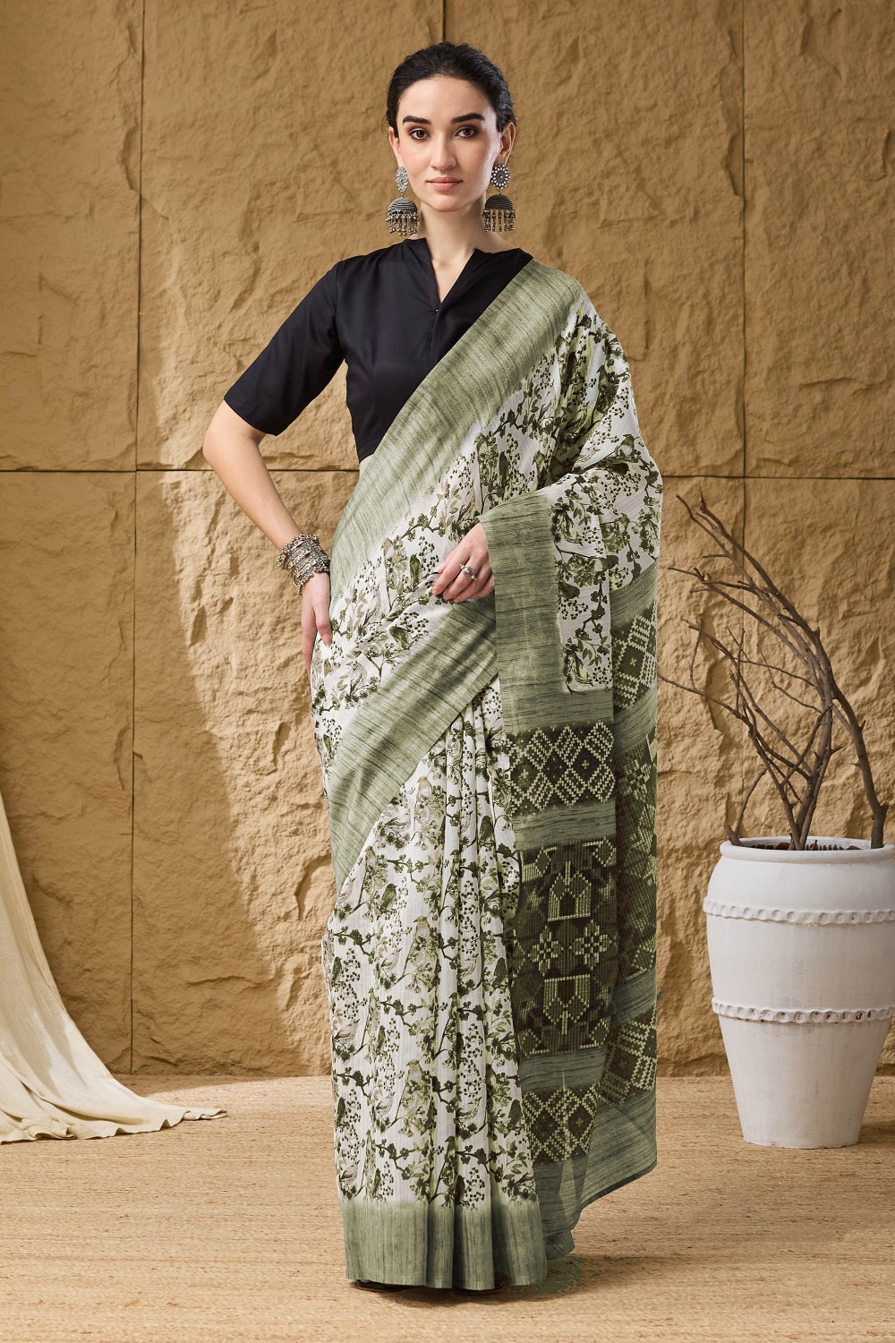 Pista Floral Printed Silk Ready To Wear Saree