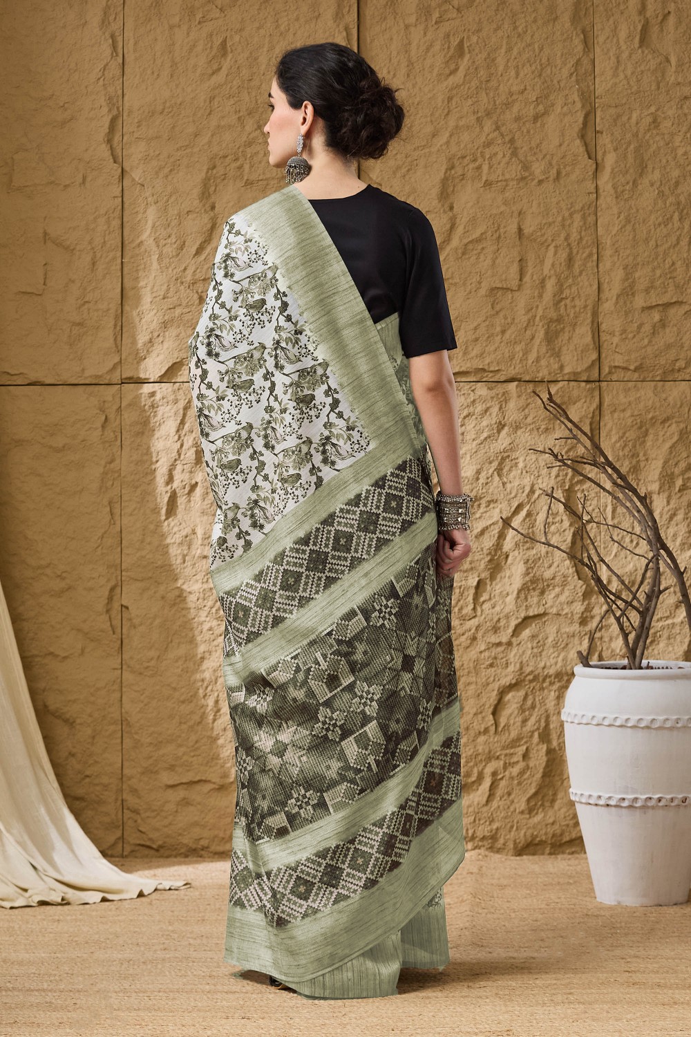 Pista Floral Printed Silk Ready To Wear Saree — alternate view