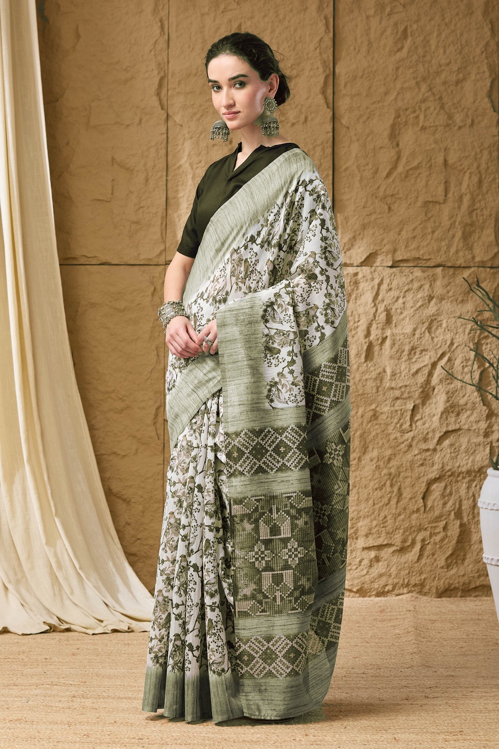 Pista Floral Printed Silk Ready To Wear Saree