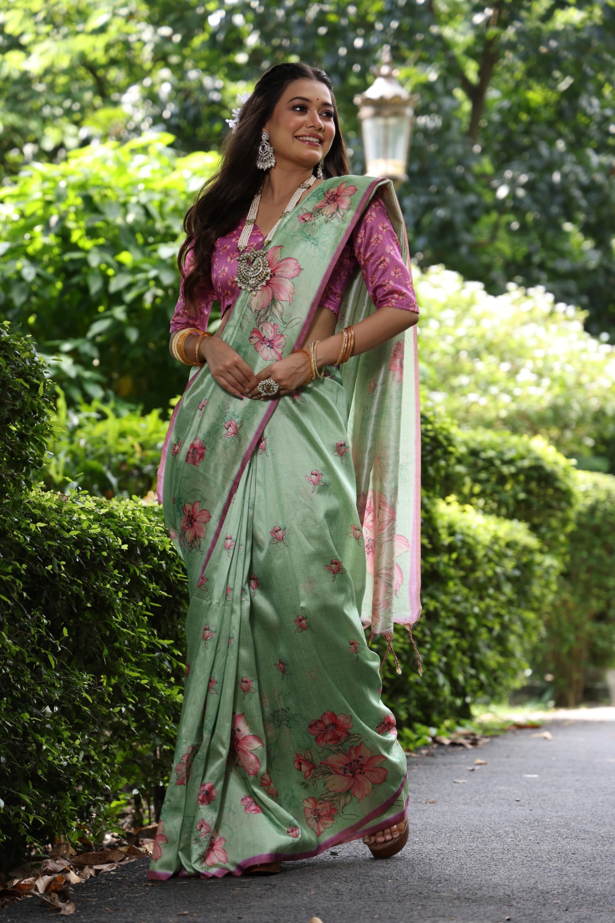 Pista Floral Printed Tussar Silk Saree