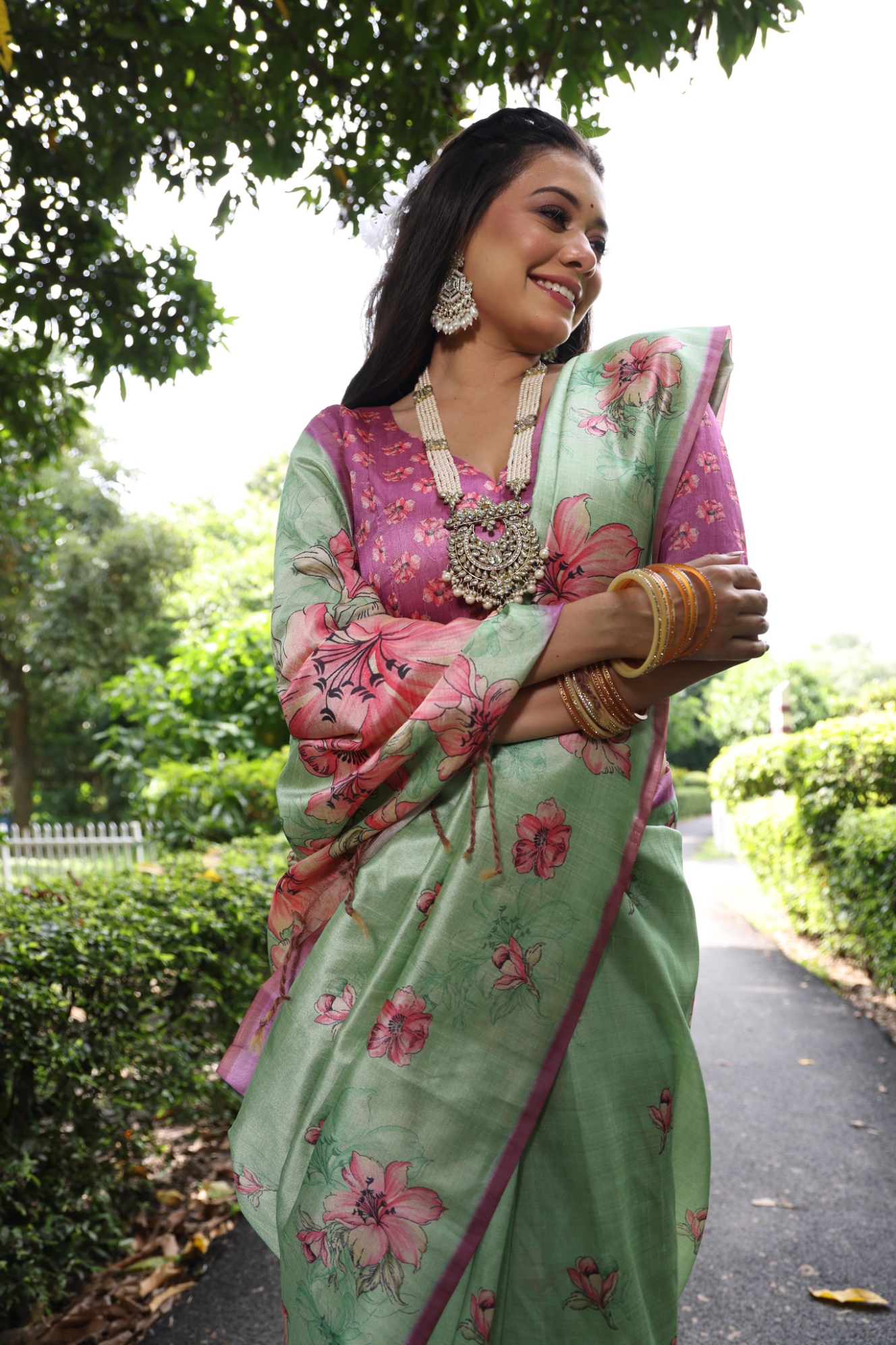 Pista Floral Printed Tussar Silk Saree — alternate view