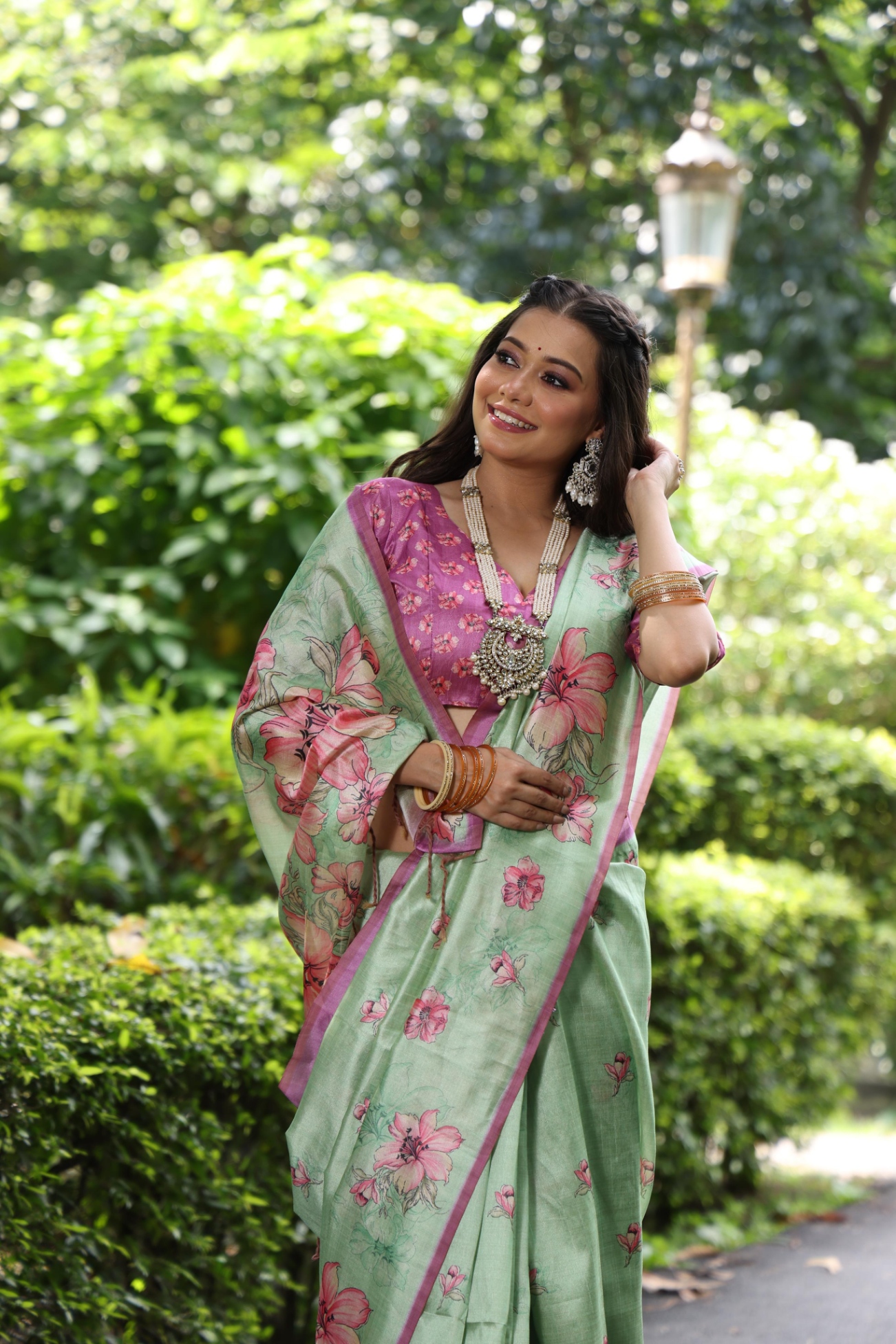 Pista Floral Printed Tussar Silk Saree