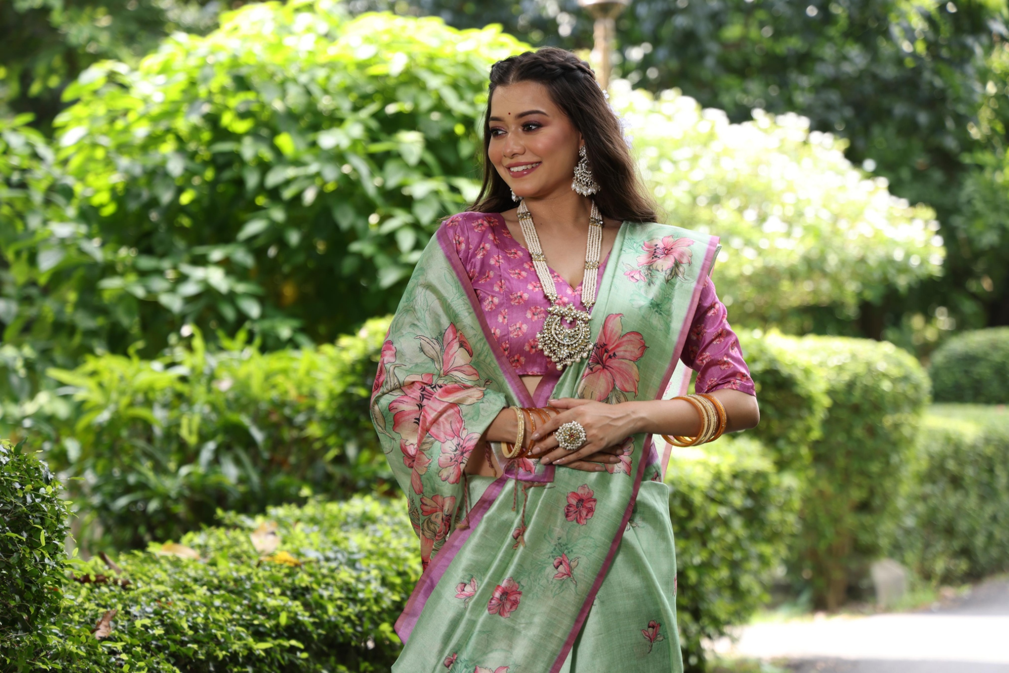 Pista Floral Printed Tussar Silk Saree