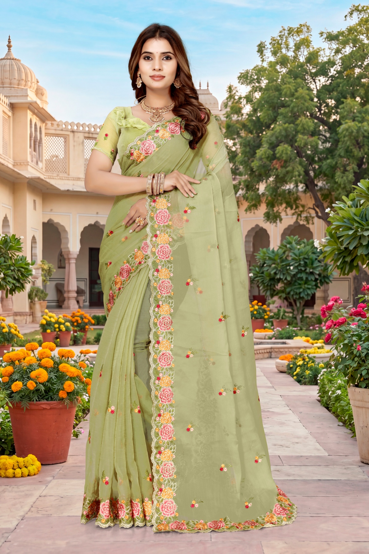Pista Floral Resham Embroidery Vari Silk Saree