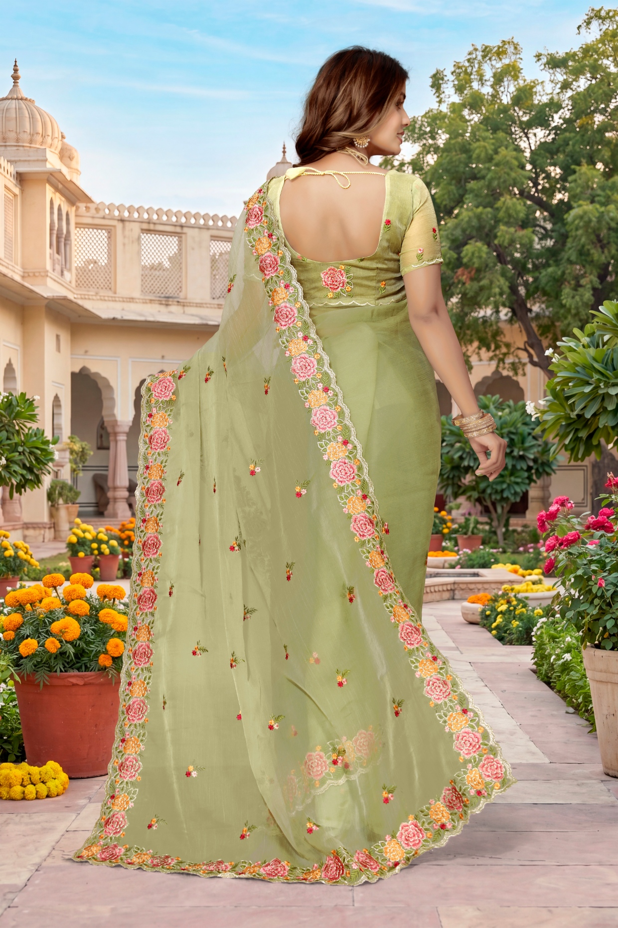 Pista Floral Resham Embroidery Vari Silk Saree — alternate view