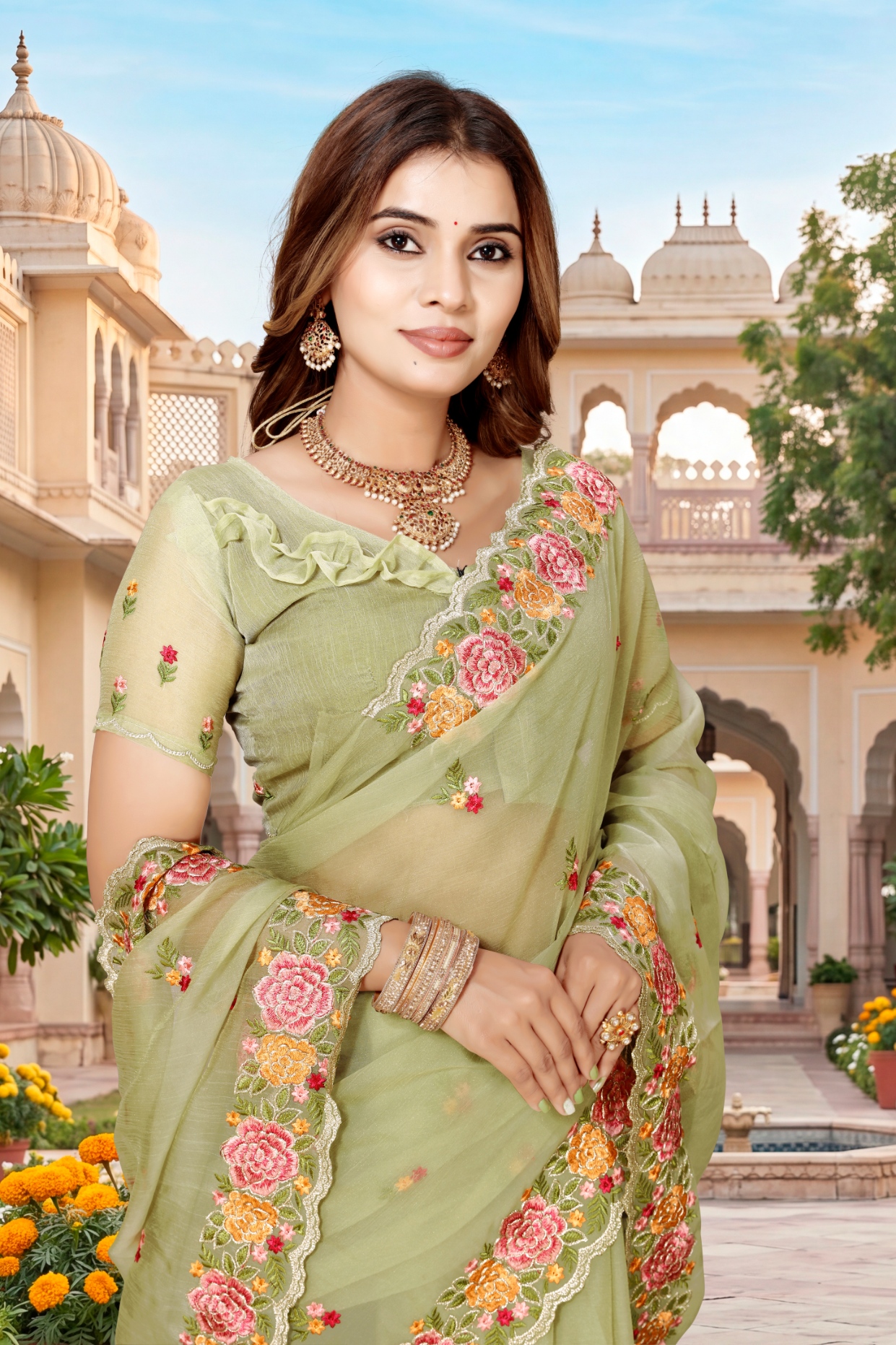 Pista Floral Resham Embroidery Vari Silk Saree