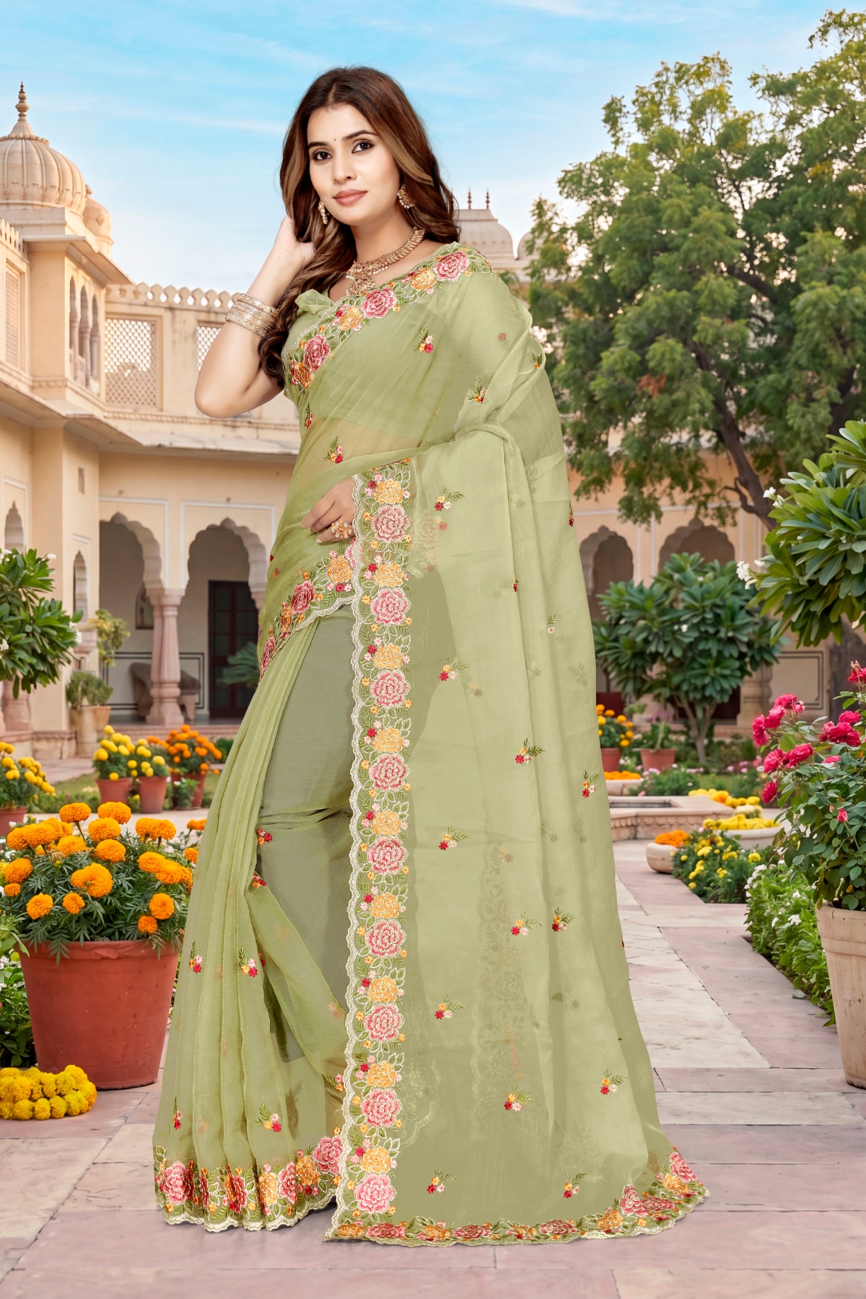 Pista Floral Resham Embroidery Vari Silk Saree