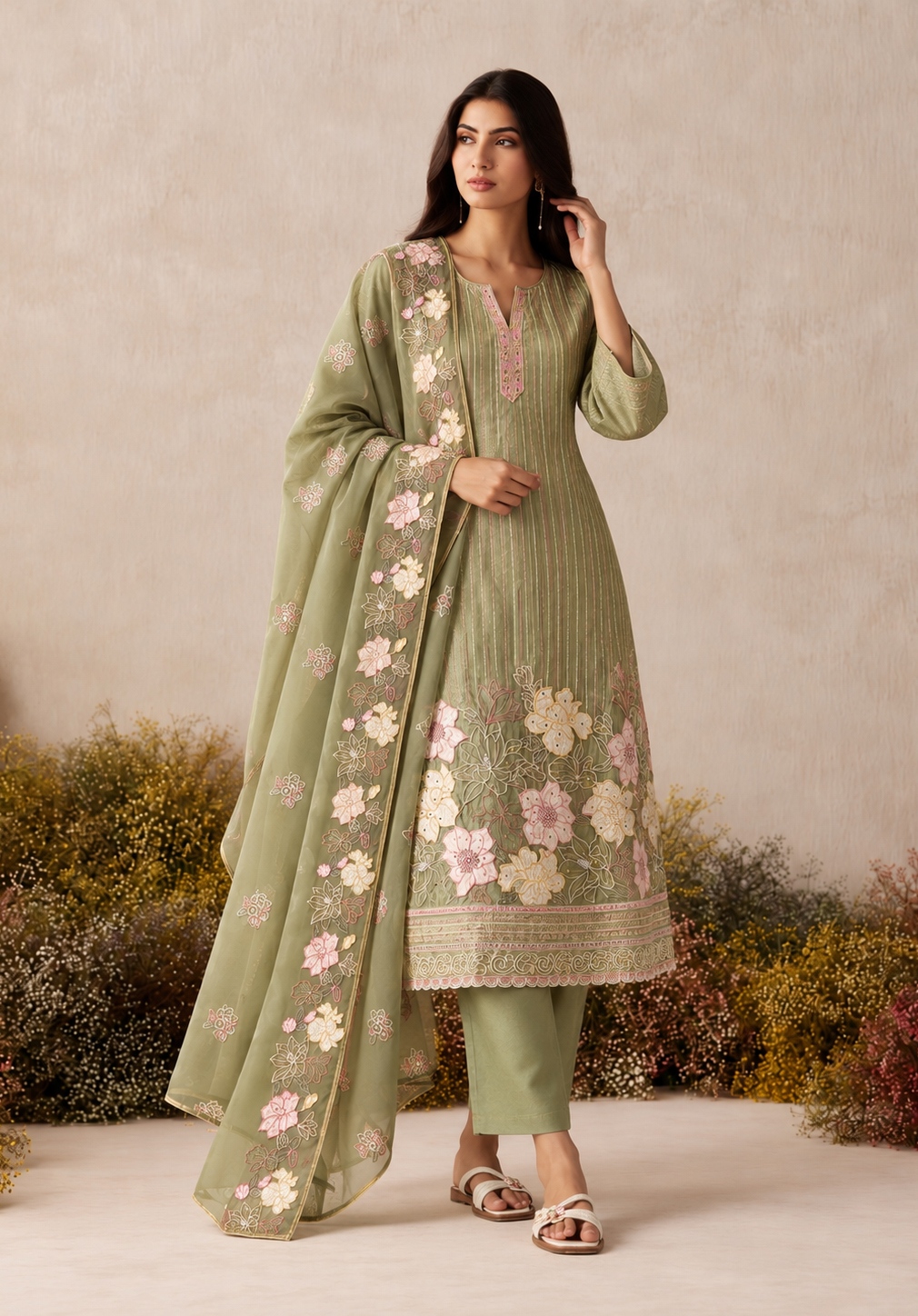 Pista Floral Sequins Shimmer Silk Salwar Suit