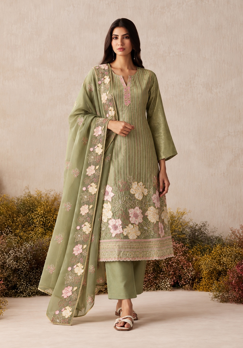 Pista Floral Sequins Shimmer Silk Salwar Suit