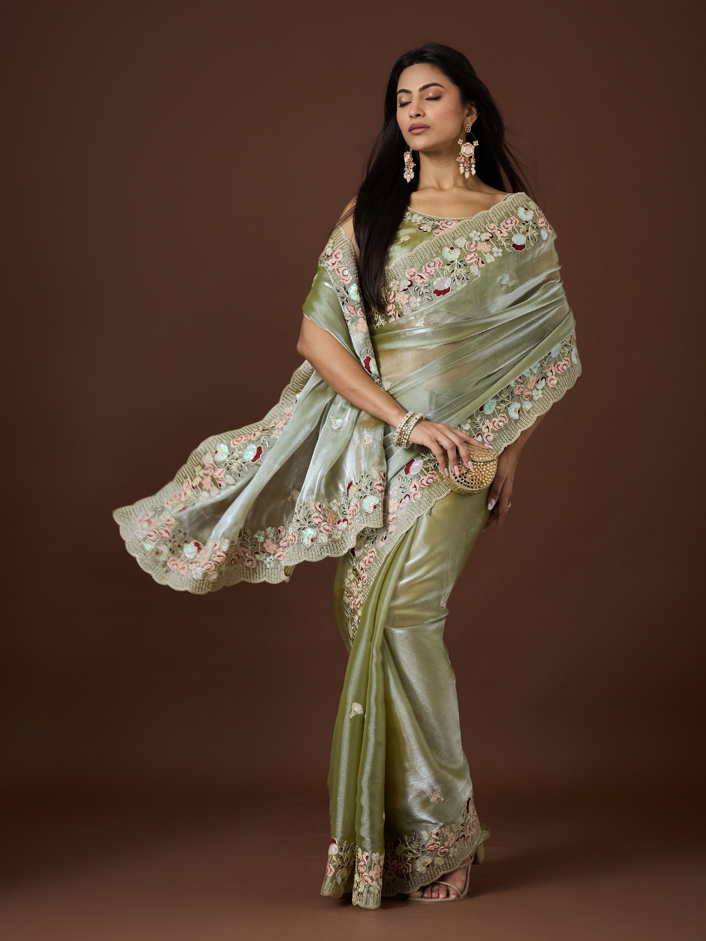 Pista Floral Thread Embroidery Jimmy Choo Saree