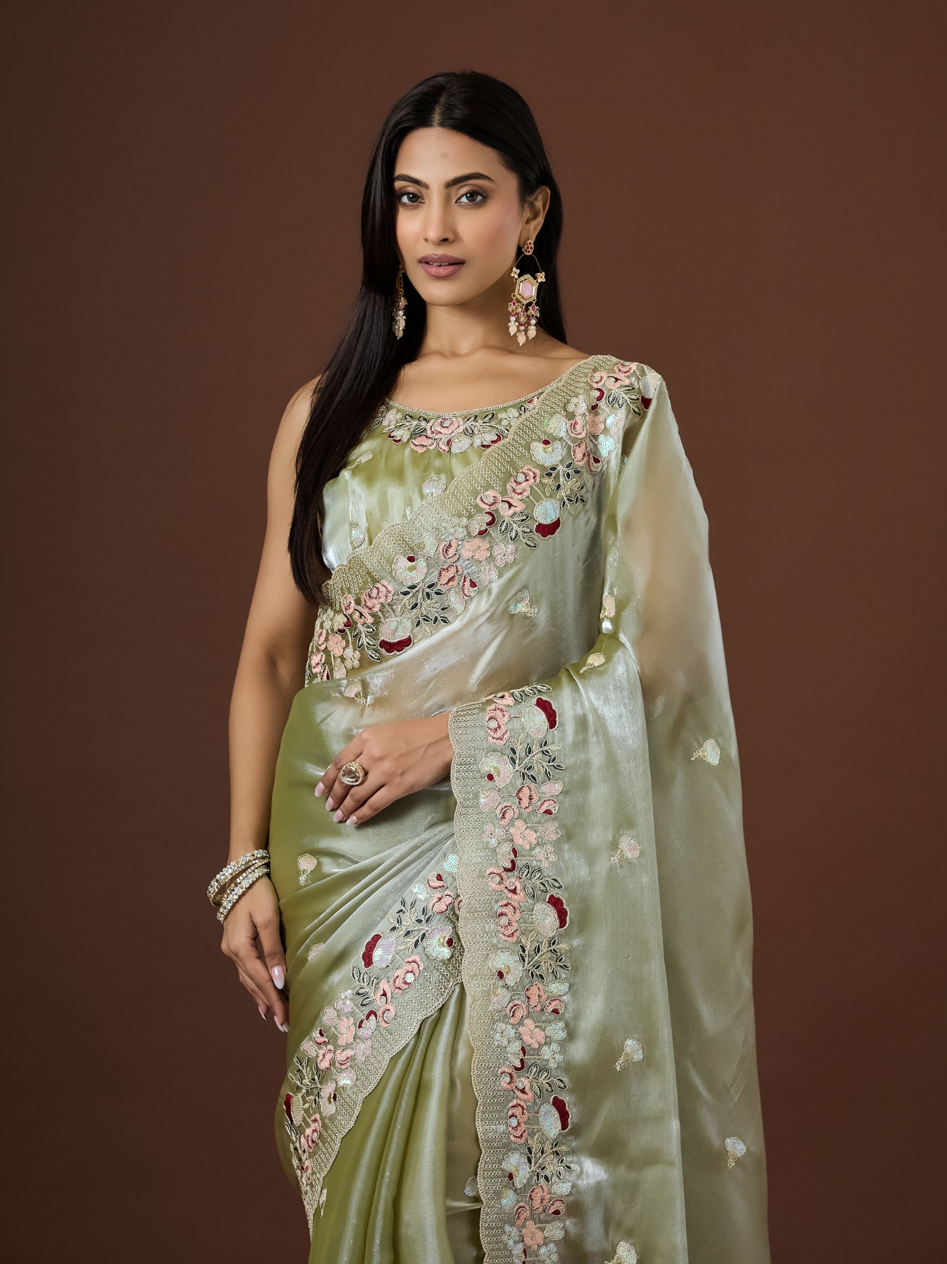 Pista Floral Thread Embroidery Jimmy Choo Saree