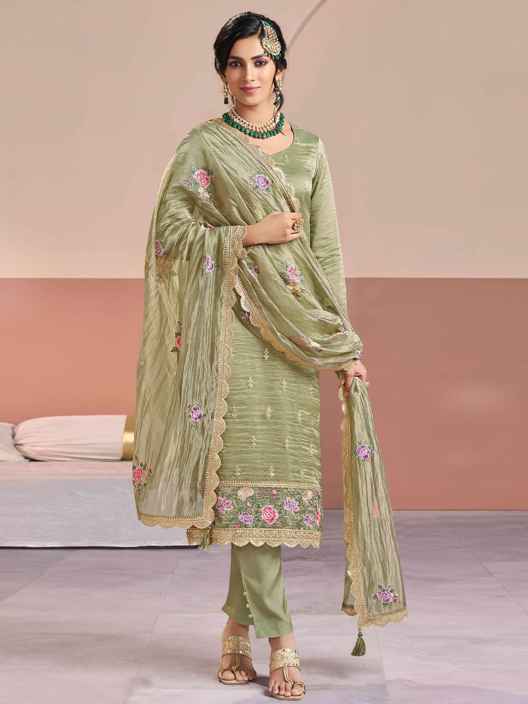 Pista Floral Thread Embroidery Silk Salwar Suit