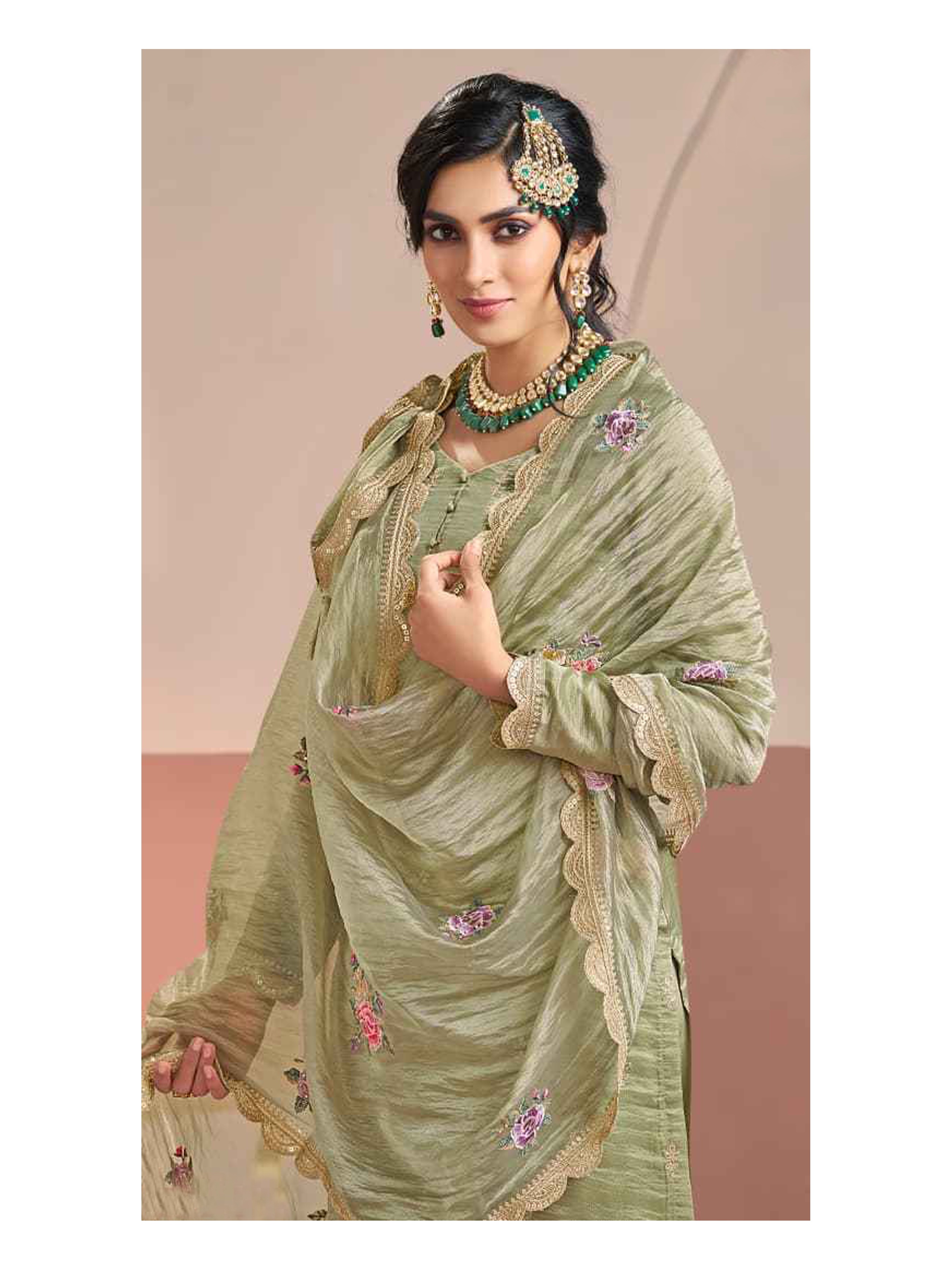 Pista Floral Thread Embroidery Silk Salwar Suit