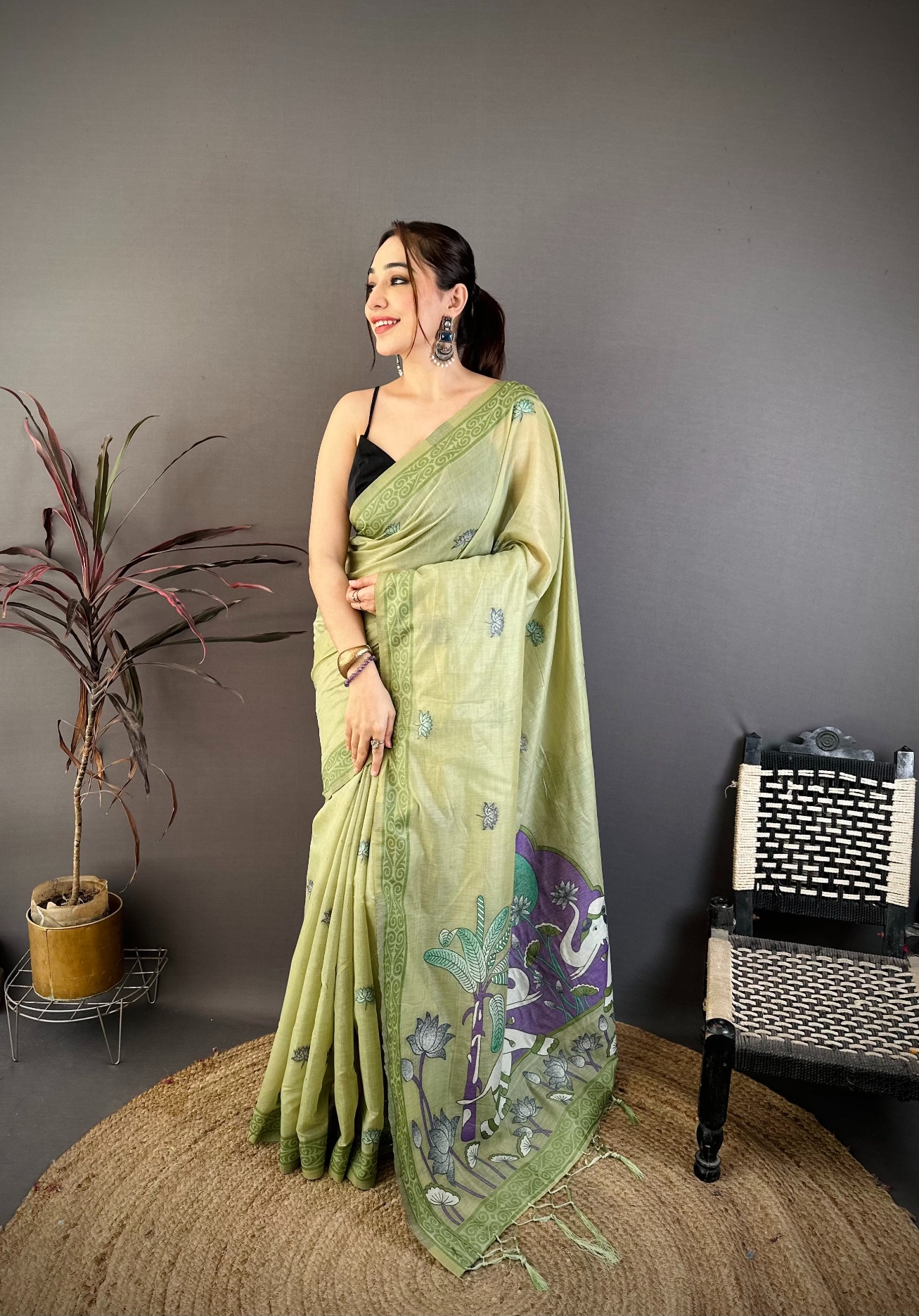 Pista Floral Weaving Muga Cotton Saree