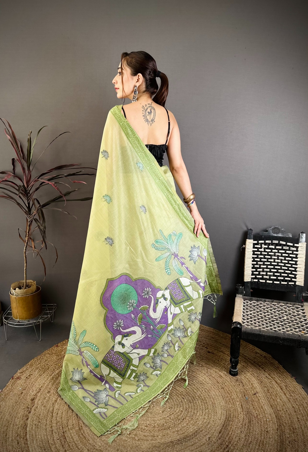 Pista Floral Weaving Muga Cotton Saree — alternate view