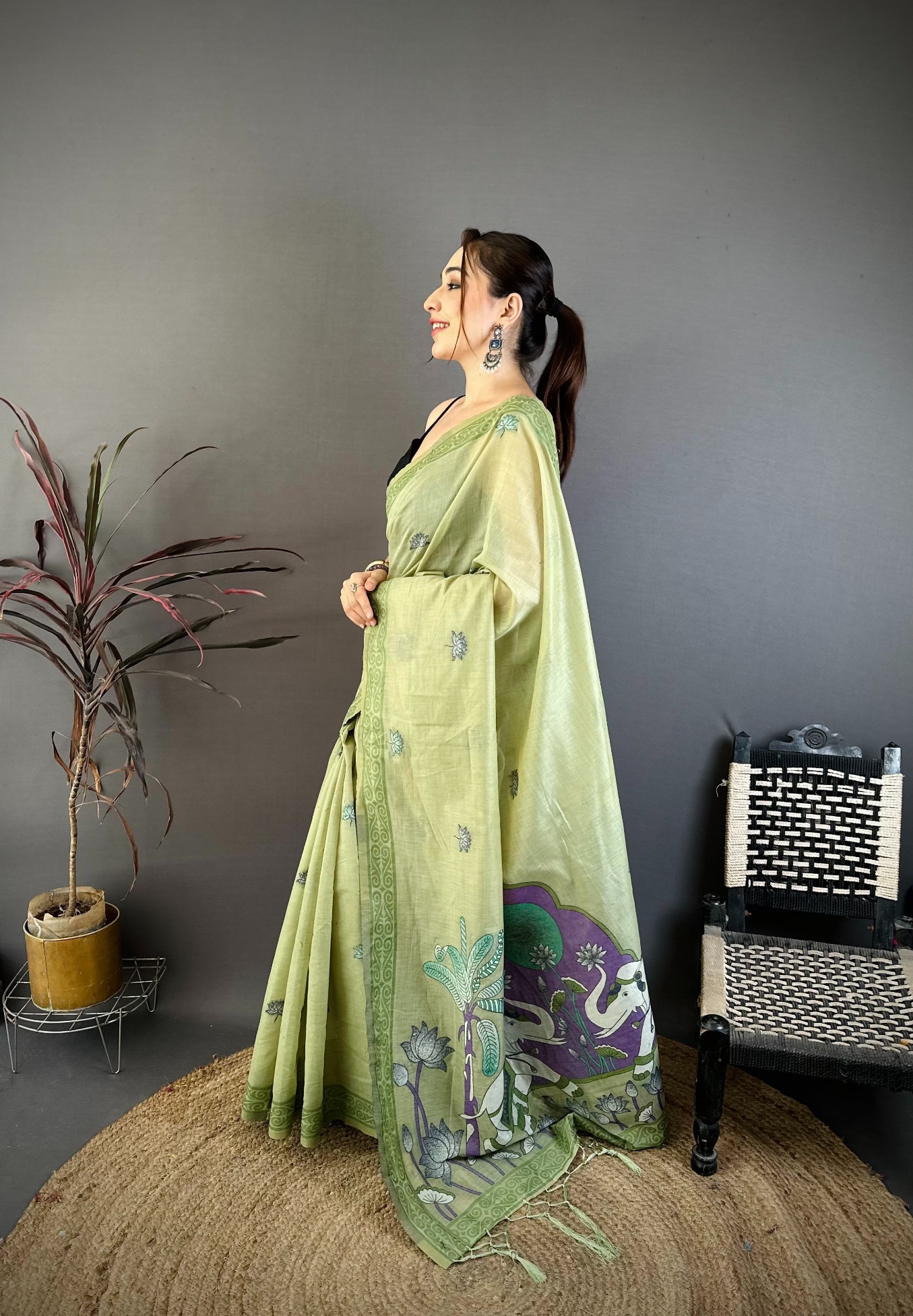 Pista Floral Weaving Muga Cotton Saree
