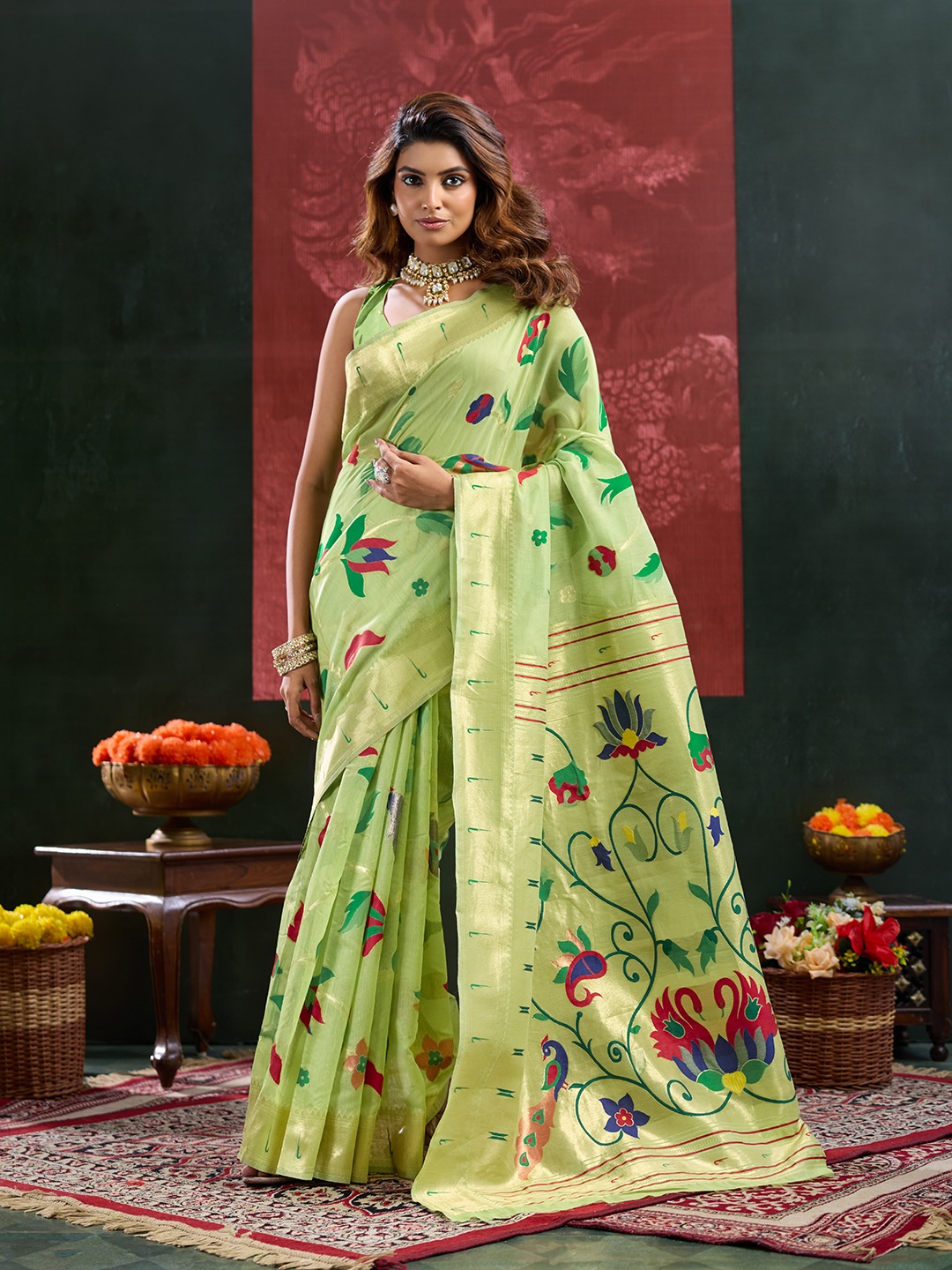 Pista Floral Woven Cotton Silk Saree