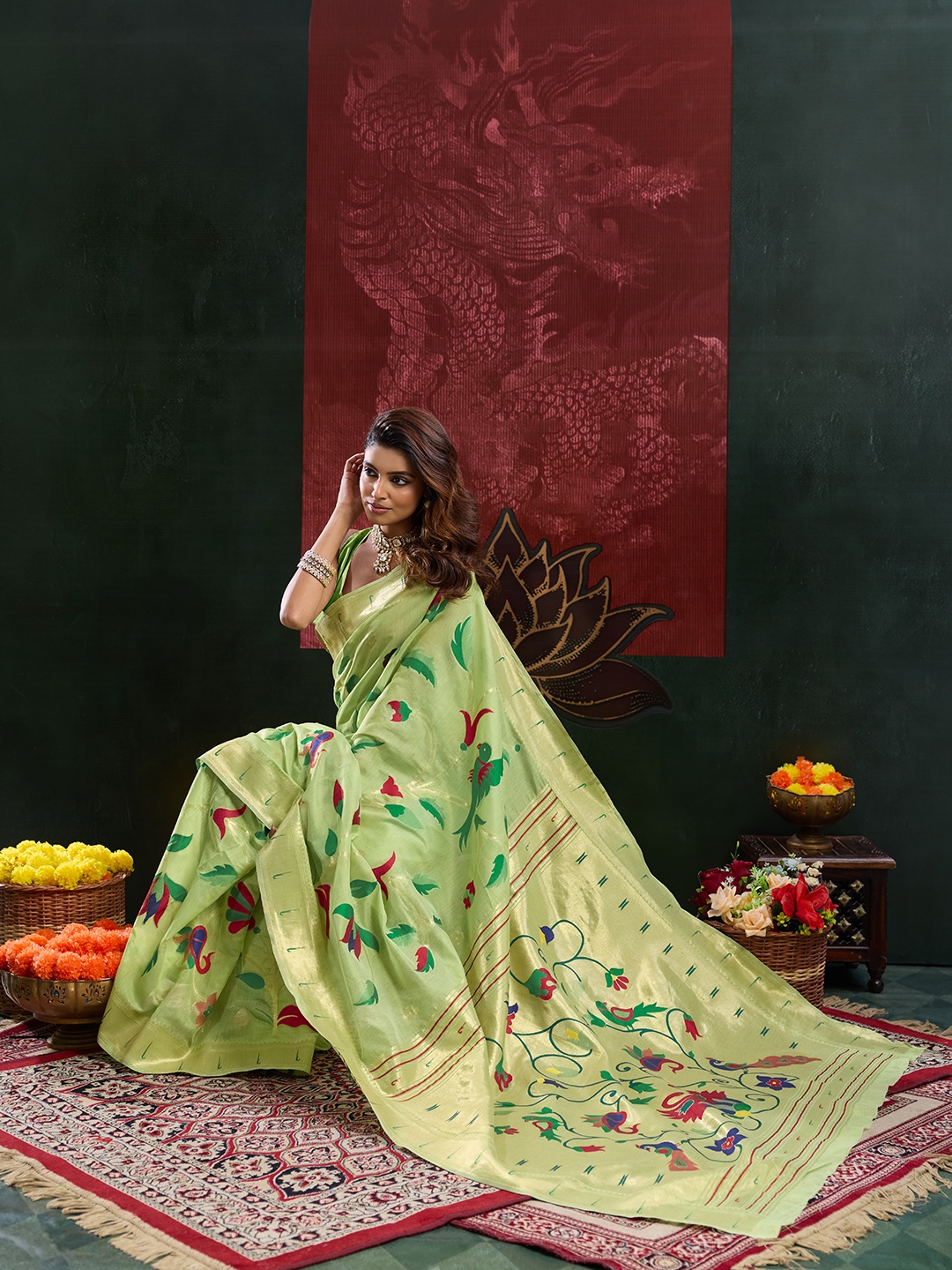 Pista Floral Woven Cotton Silk Saree