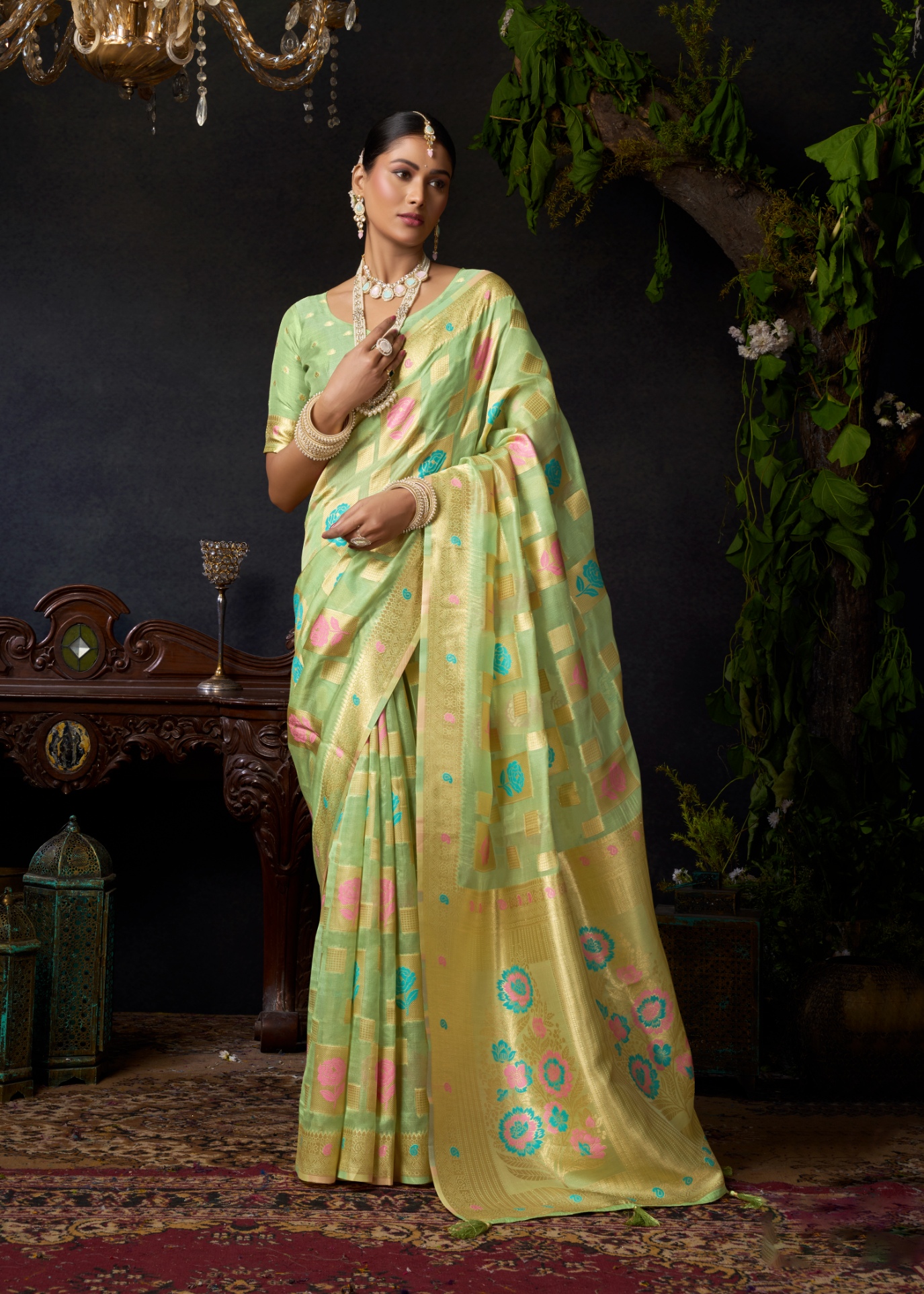 Pista Floral Woven Designer Organza Khadi Saree