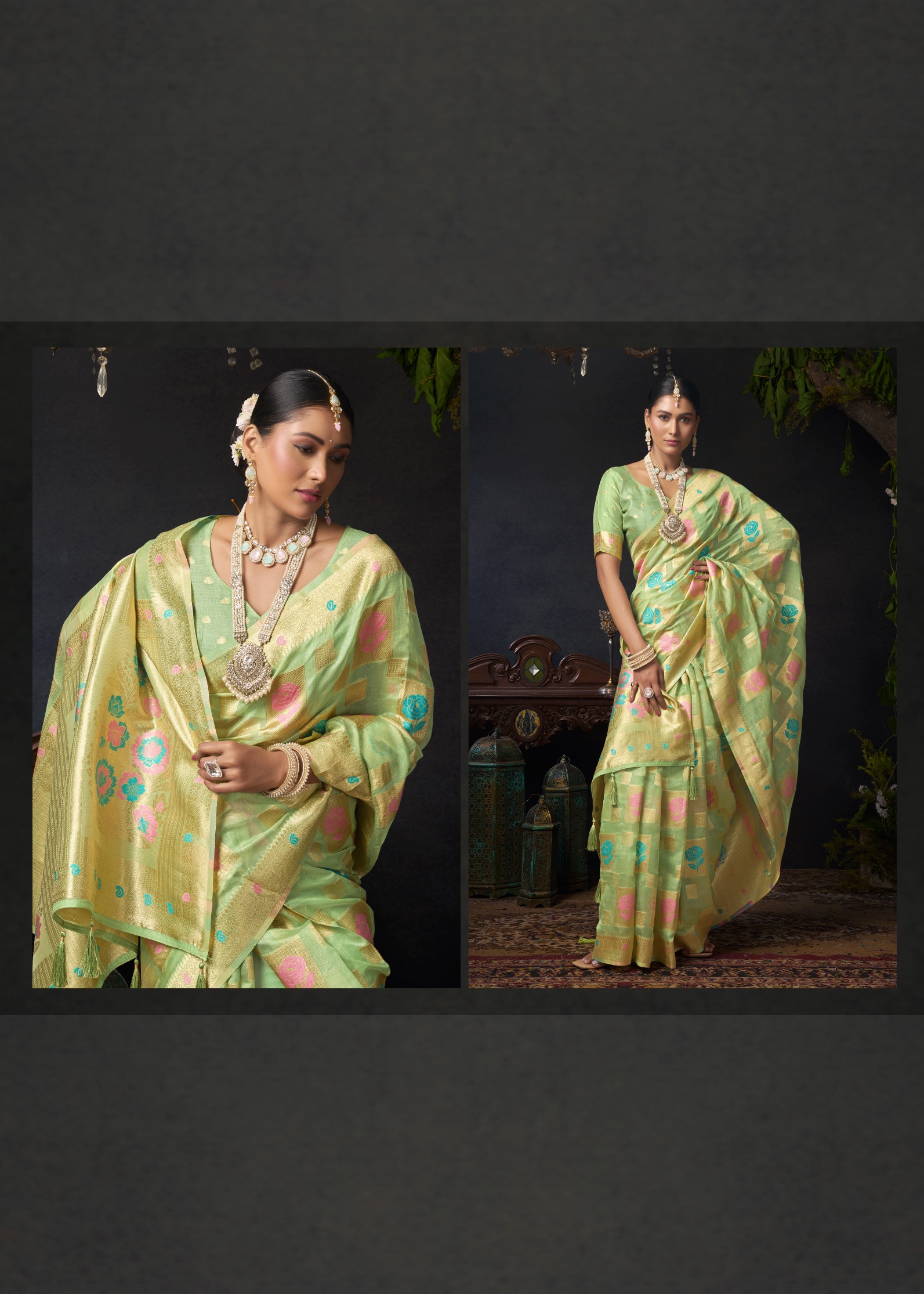 Pista Floral Woven Designer Organza Khadi Saree