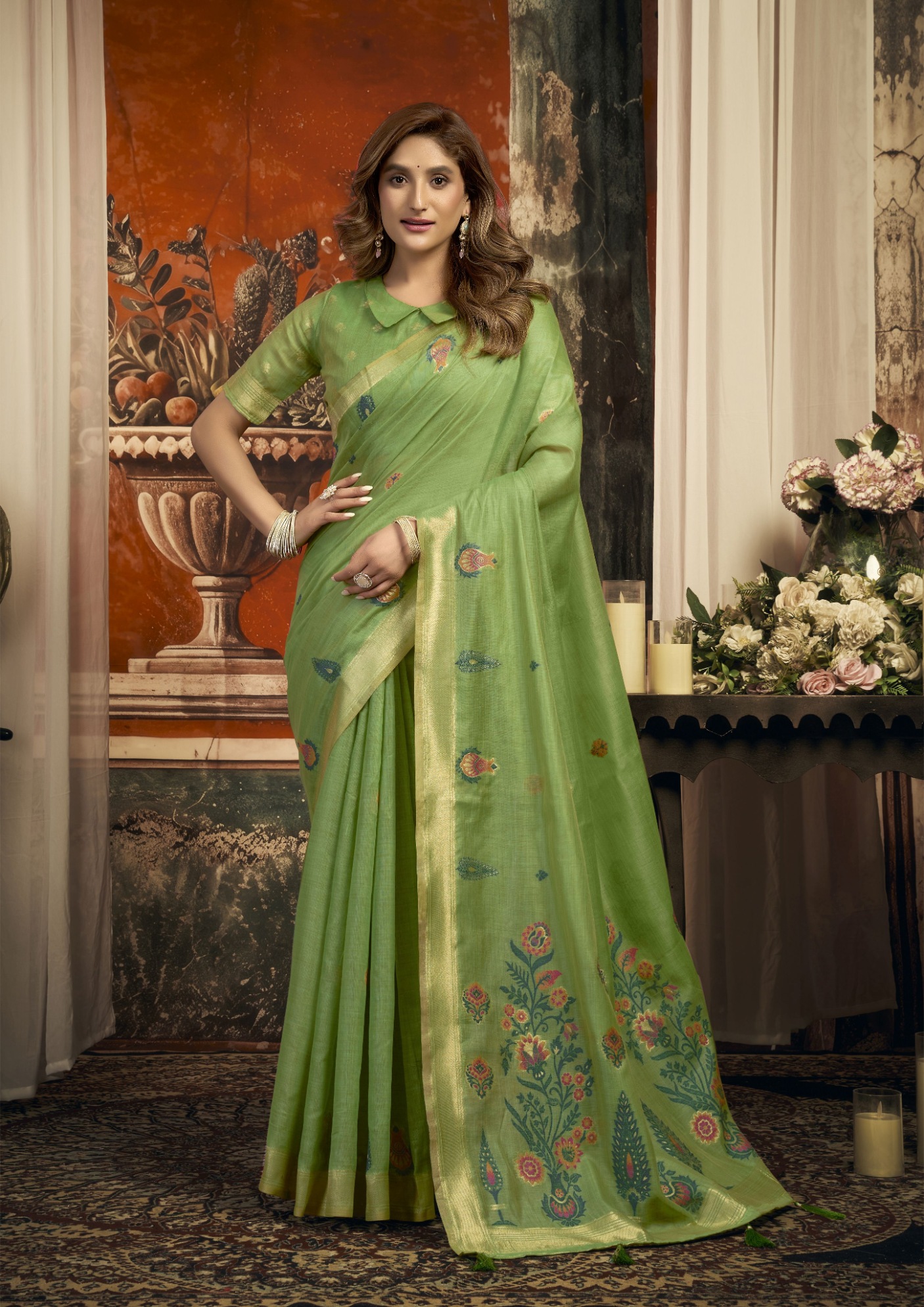 Pista Floral Woven Puri Cotton Saree