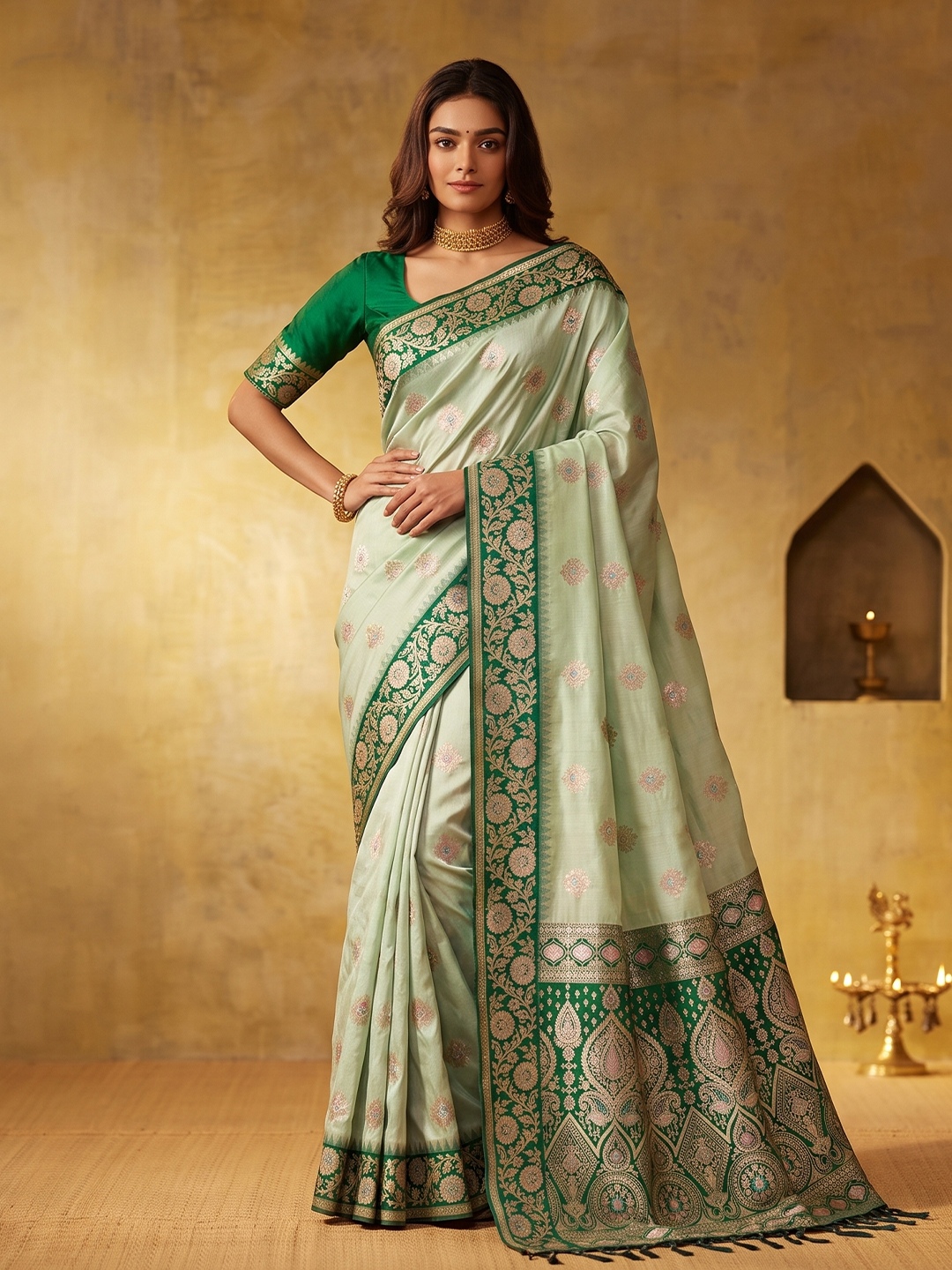 Pista Floral Woven Zari Silk Blend Saree
