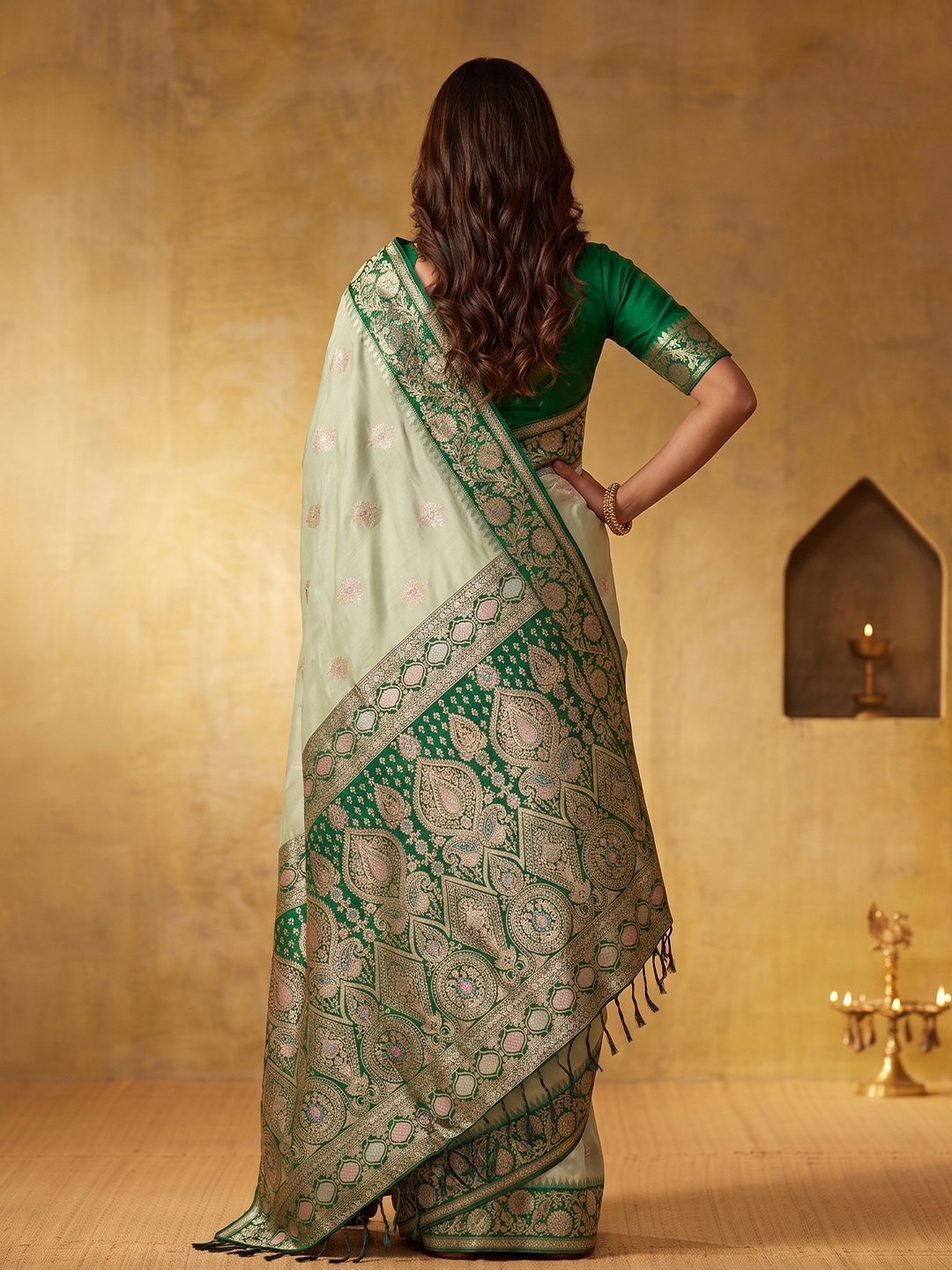 Pista Floral Woven Zari Silk Blend Saree — alternate view