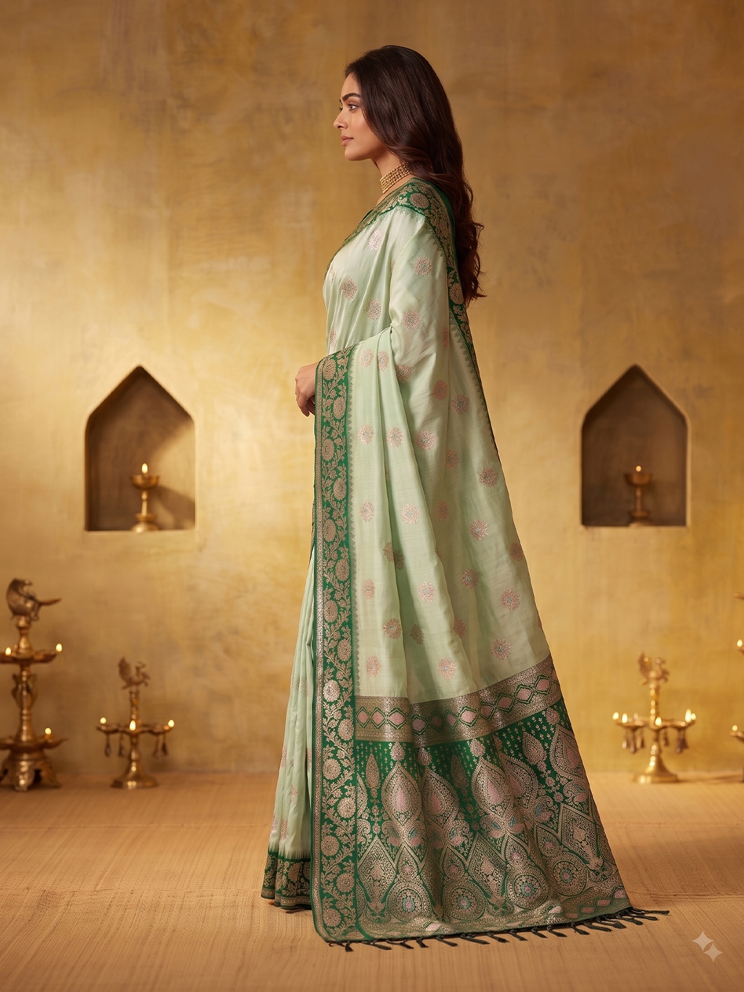 Pista Floral Woven Zari Silk Blend Saree