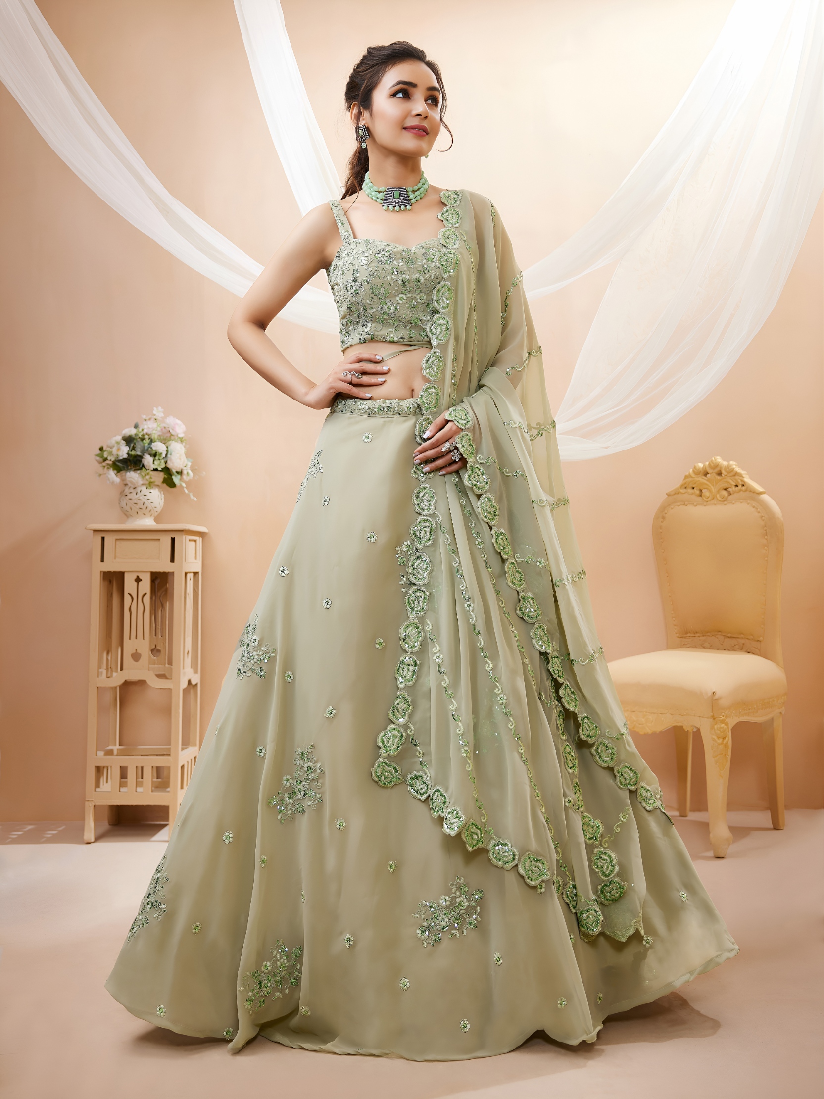 Pista Floral Zari Sequins Georgette Bridal Lehenga Choli