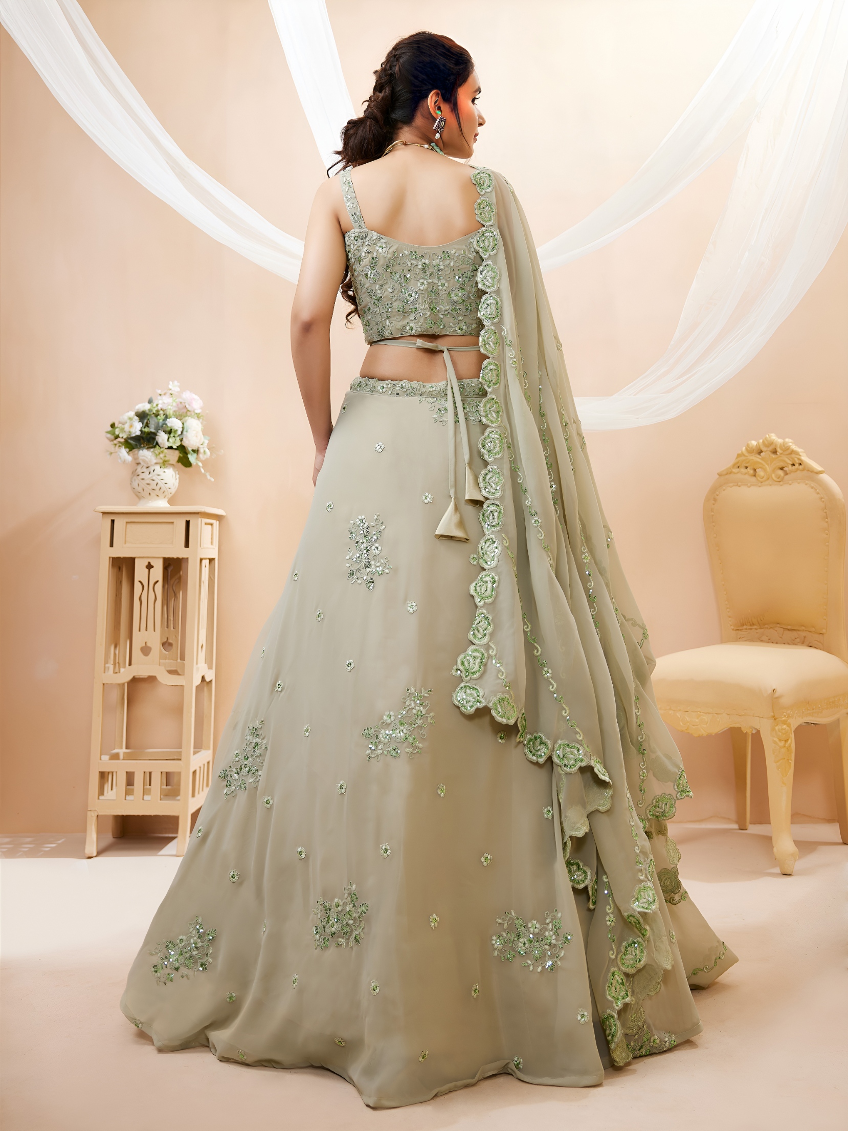 Pista Floral Zari Sequins Georgette Bridal Lehenga Choli — alternate view
