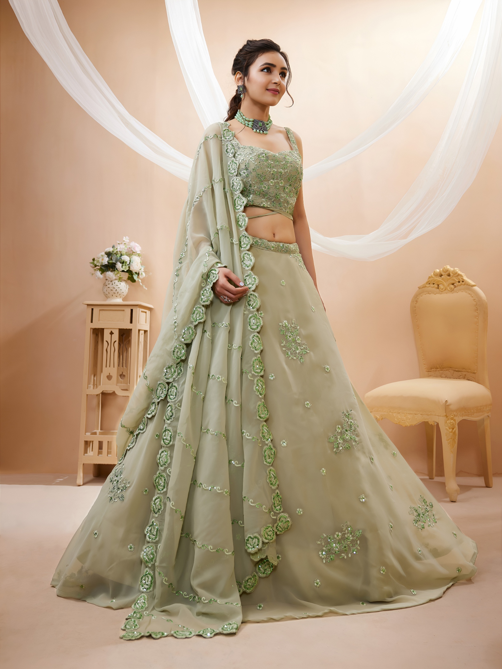 Pista Floral Zari Sequins Georgette Bridal Lehenga Choli