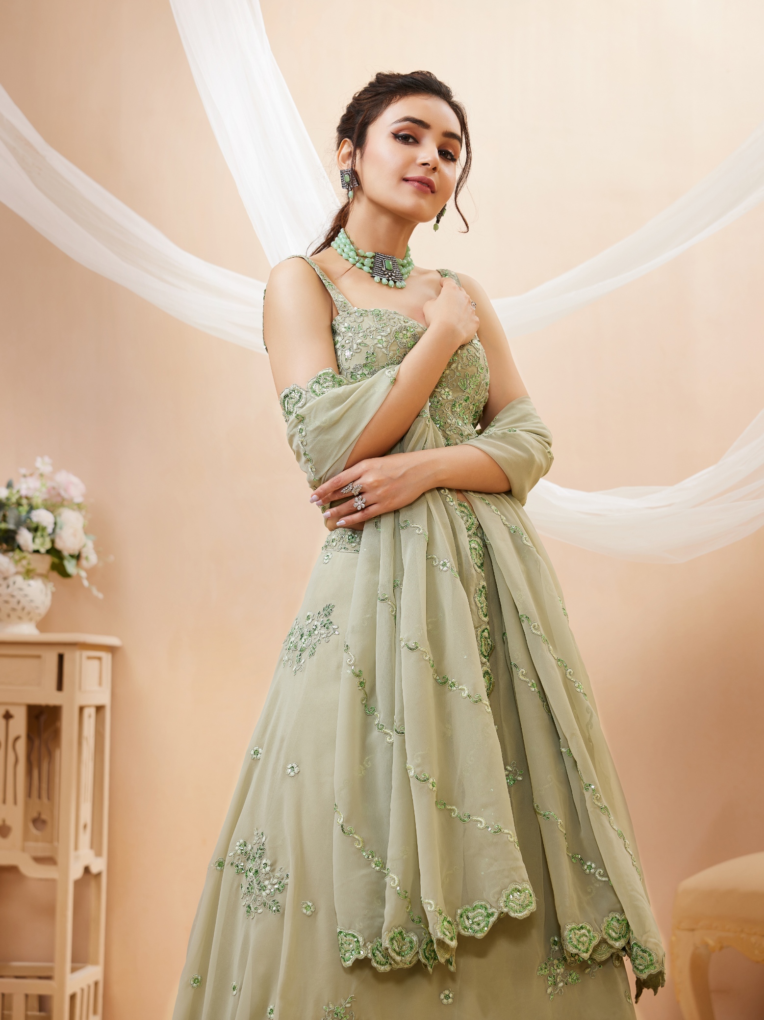 Pista Floral Zari Sequins Georgette Bridal Lehenga Choli