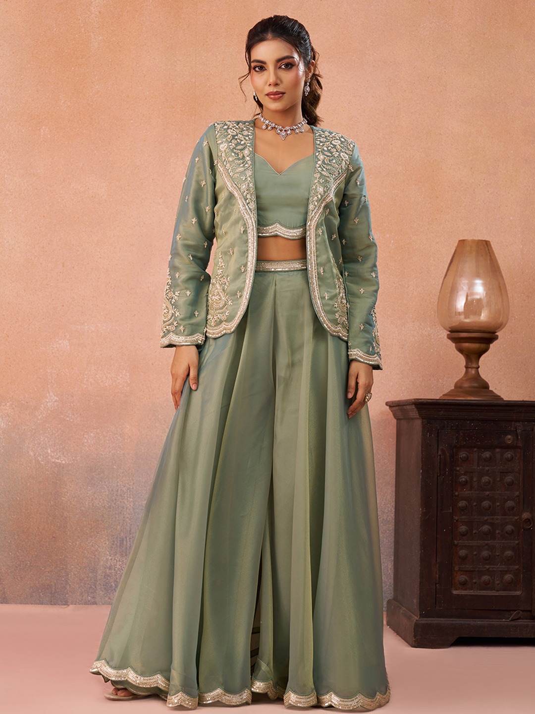 Pista Fresh Layered Embroidered Tissue Indo Western Set