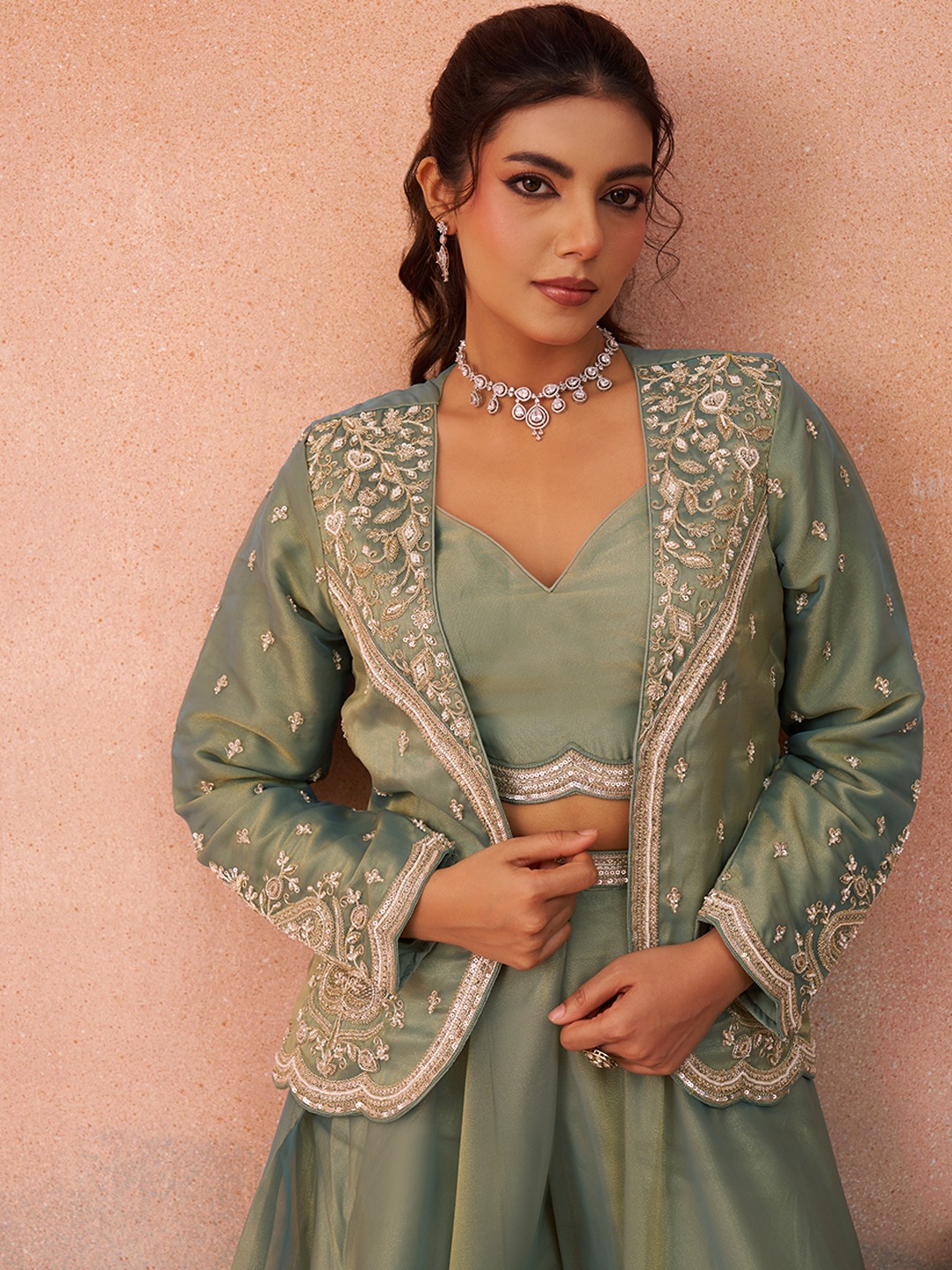 Pista Fresh Layered Embroidered Tissue Indo Western Set