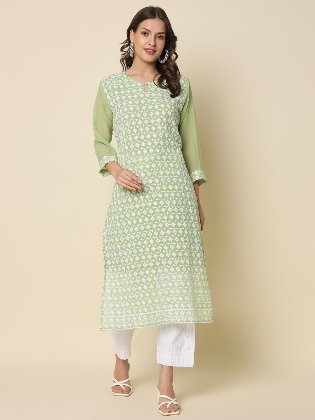 Pista Georgette Chikankari Embroidered Kurti