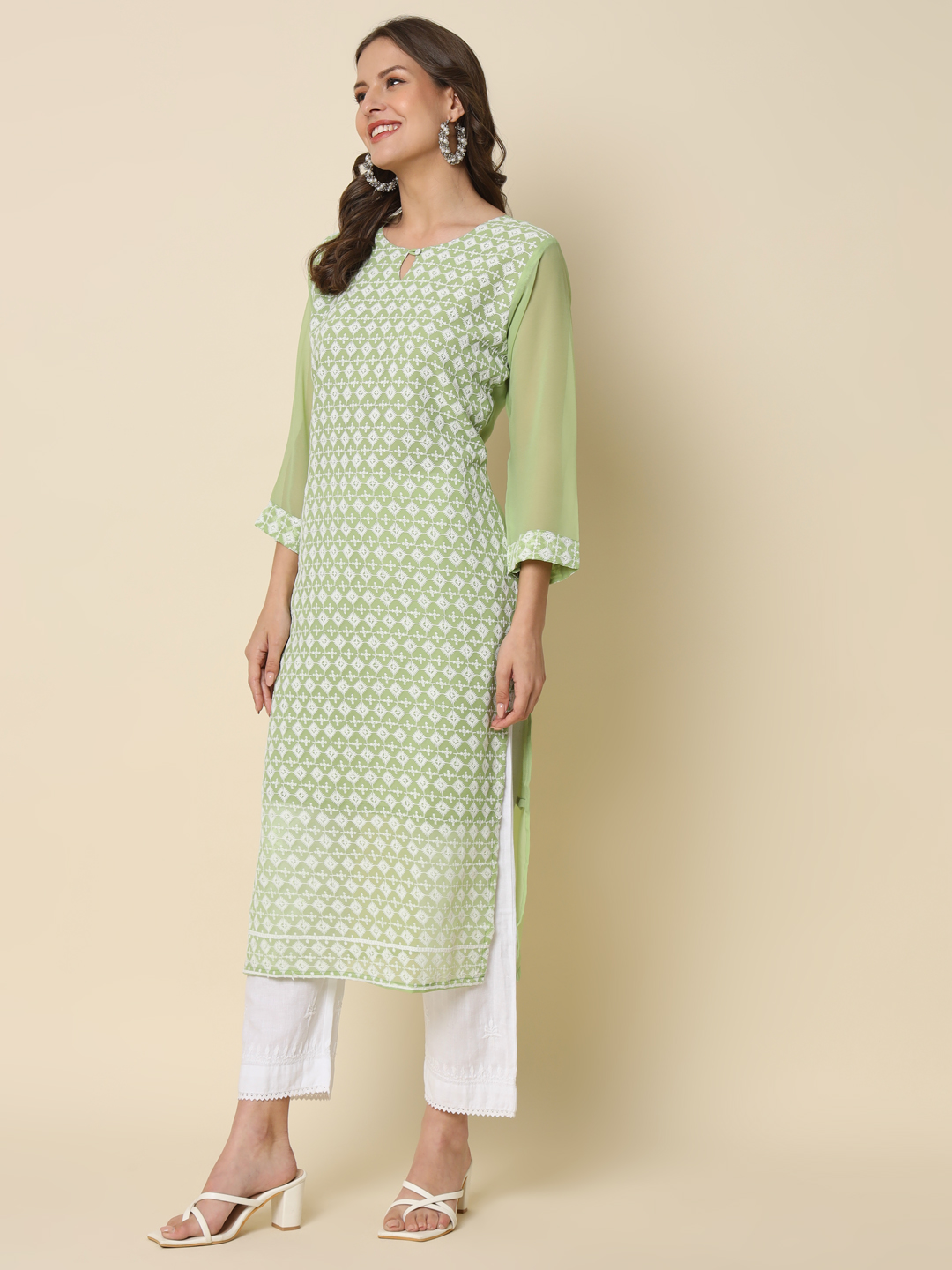 Pista Georgette Chikankari Embroidered Kurti