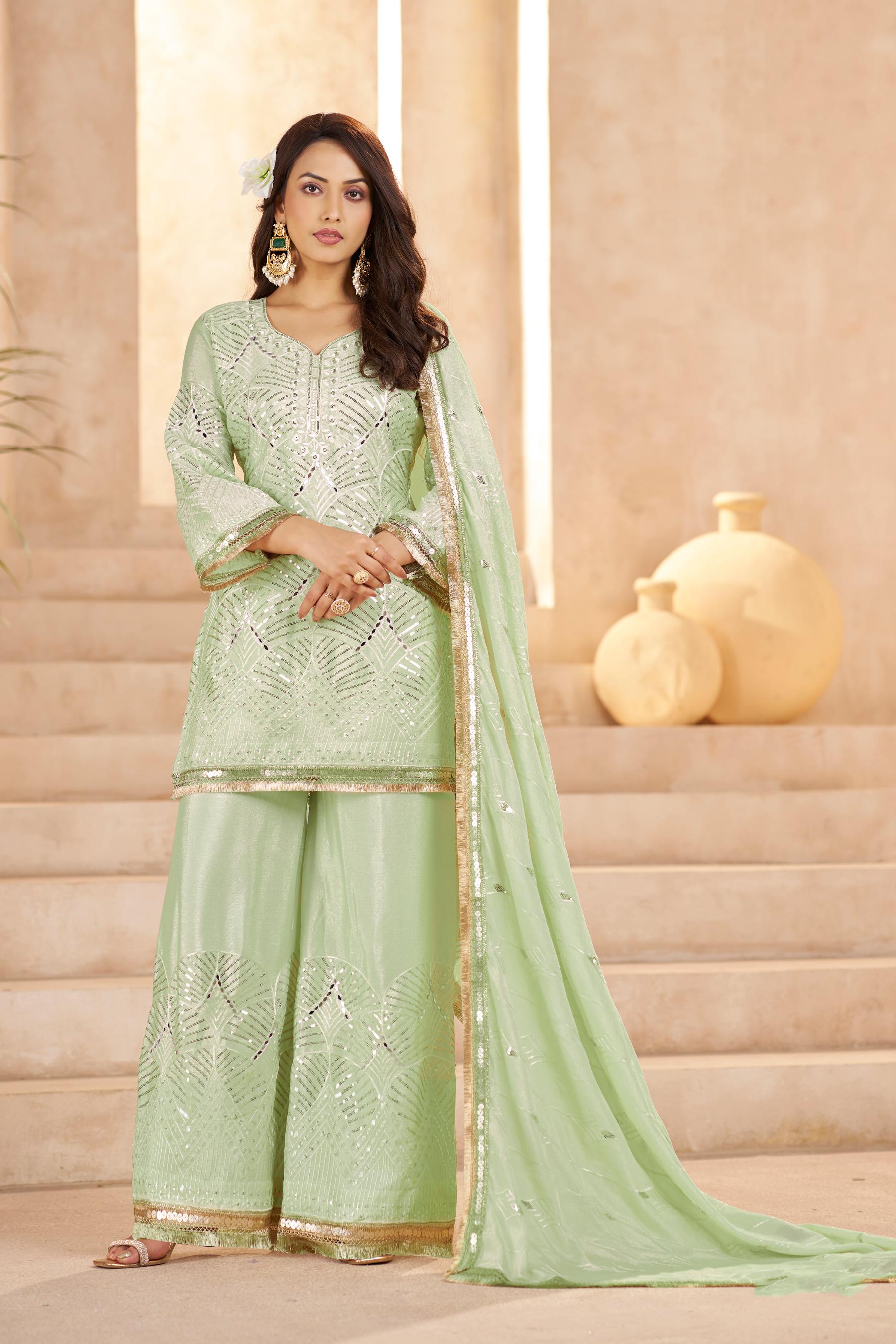 Pista Green Chinon Thread N Sequins Embroidered Palazzo Suit