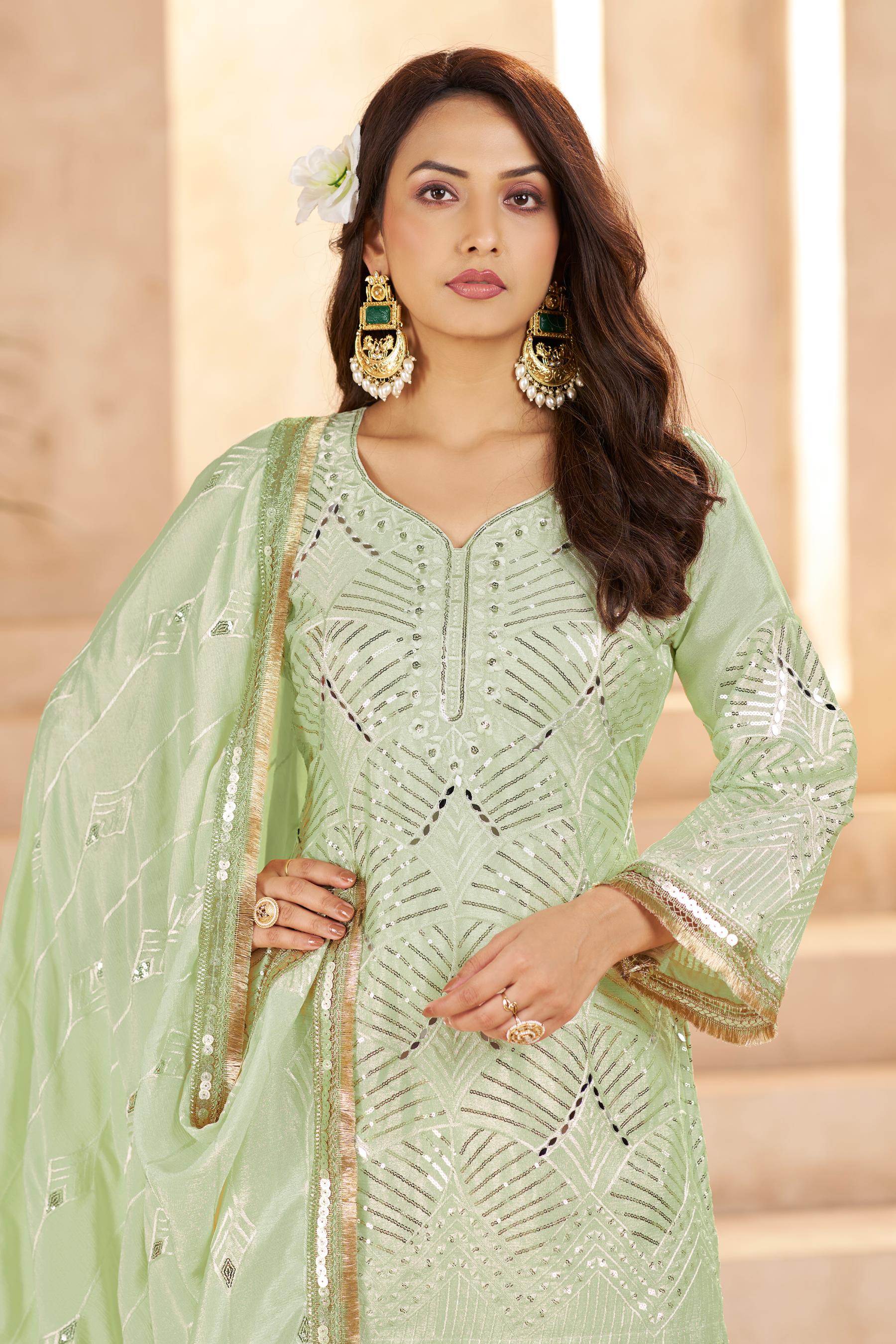 Pista Green Chinon Thread N Sequins Embroidered Palazzo Suit — alternate view