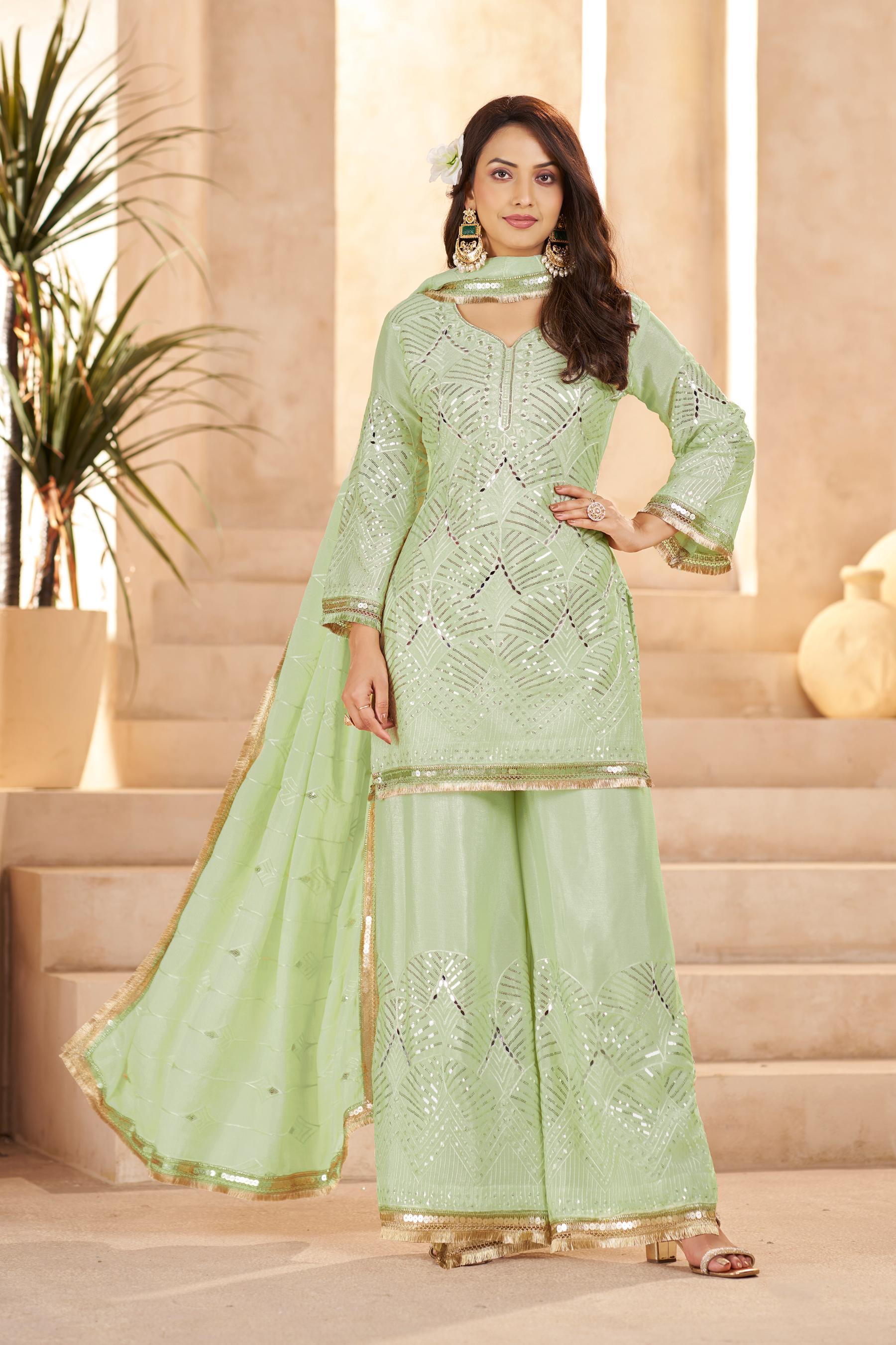 Pista Green Chinon Thread N Sequins Embroidered Palazzo Suit