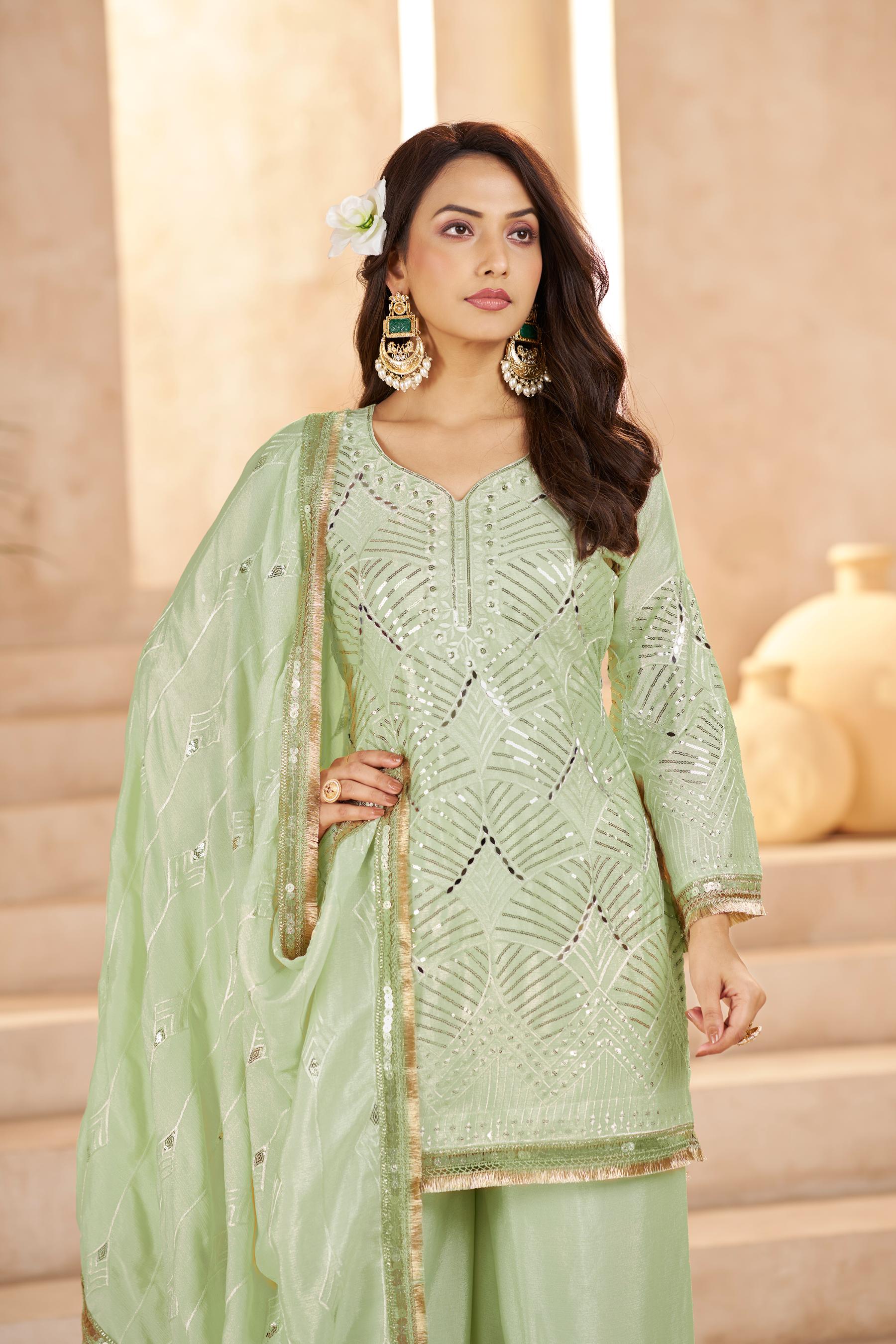 Pista Green Chinon Thread N Sequins Embroidered Palazzo Suit